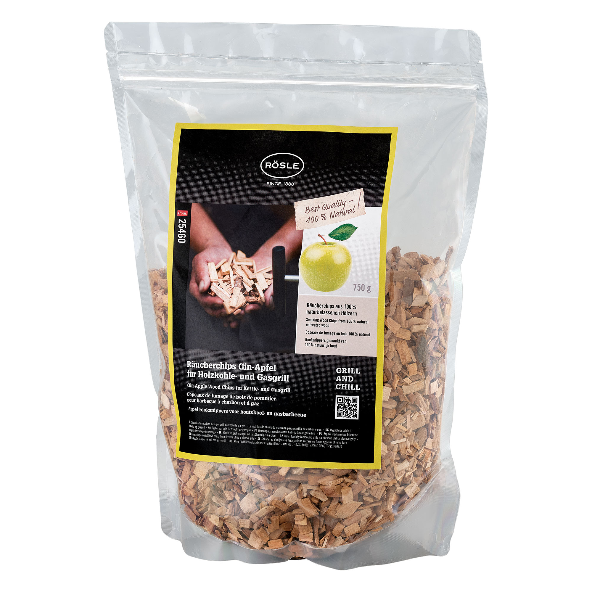 RÖSLE Räucherchips Gin-Apfel Räucherchips aus Apfelholz mit Gin-Aroma, in einer transparenten Verpackung, 750 g.