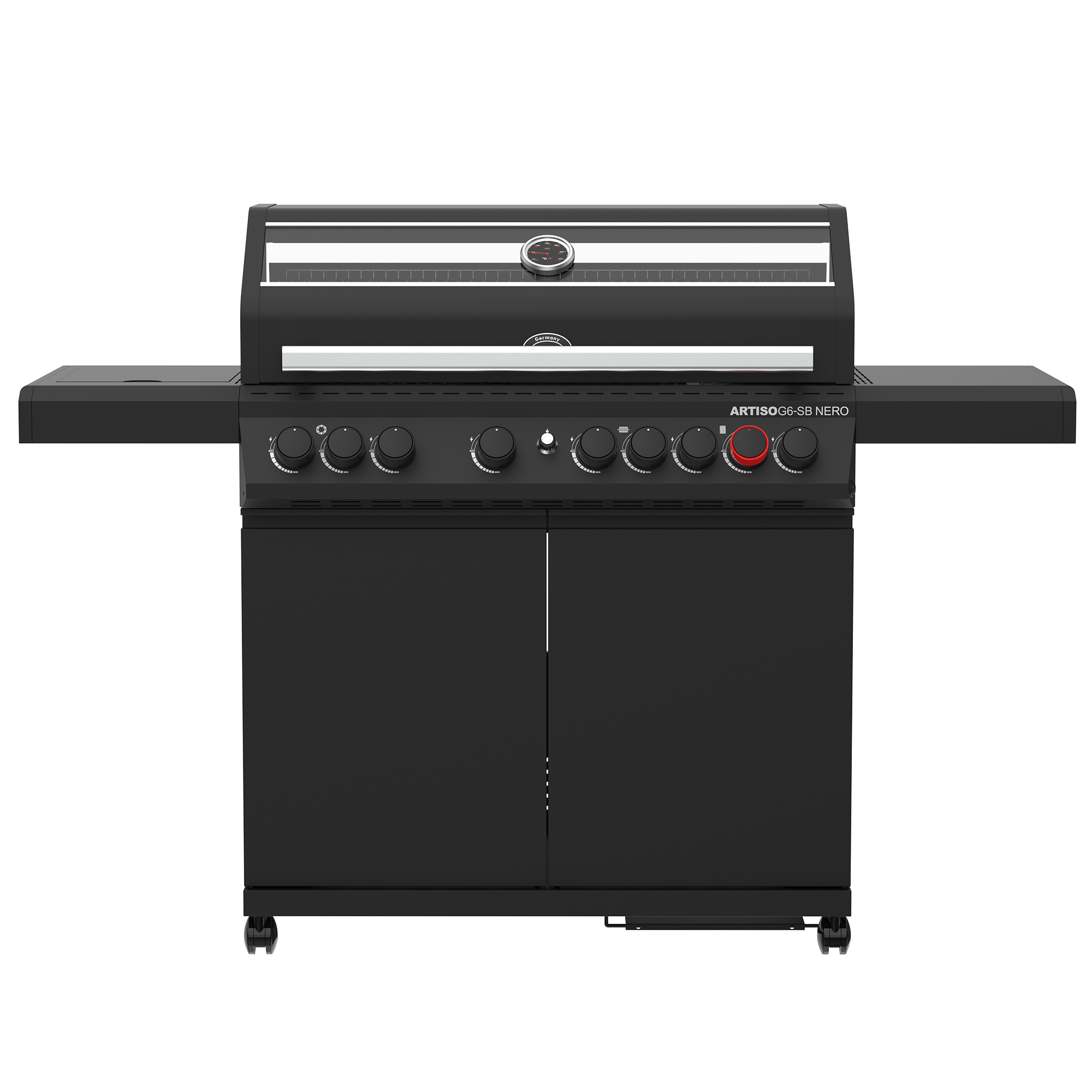 RÖSLE Artiso G6 Nero Gasgrill Artiso G6 Nero Gasgrill in Schwarz mit sechs Bedienelementen und zwei Grillflächen.