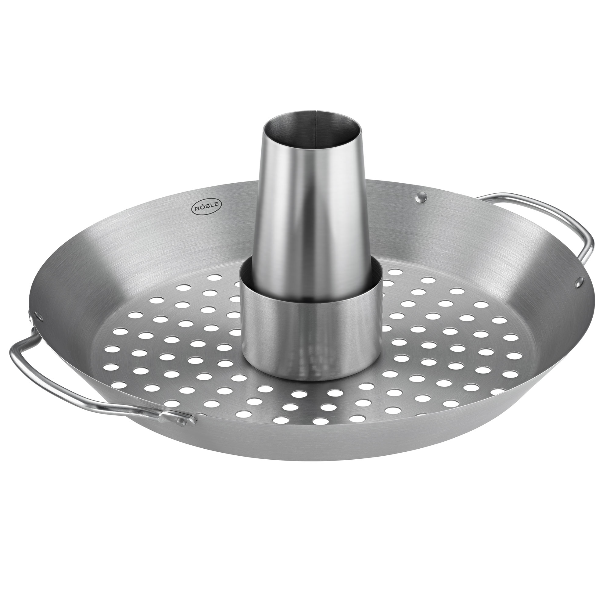 RÖSLE Hähnchengriller aus Edelstahl Hähnchengriller aus Edelstahl mit perforiertem Grillrost und zentralem Halter für Hähnchen.