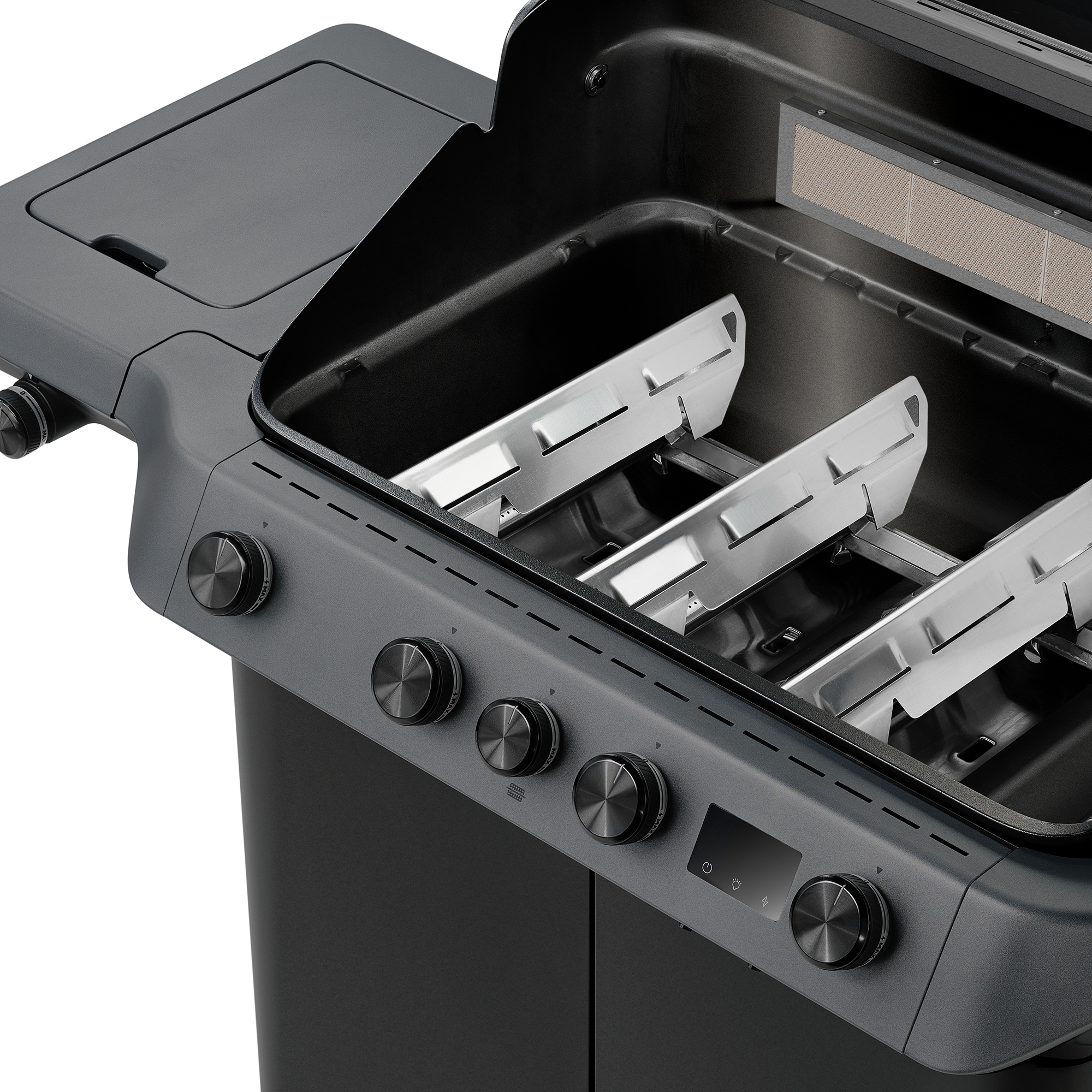 Blazeflame Master Grill mit geöffnetem Deckel, drei Edelstahlbrennern und Bedienelementen.