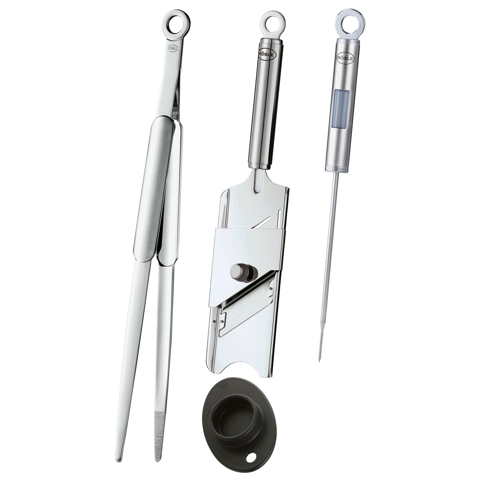 RÖSLE Gourmet Set Gourmet Set mit Grillzange, Wender, Grillthermometer und Halterung, aus Edelstahl, glänzend.