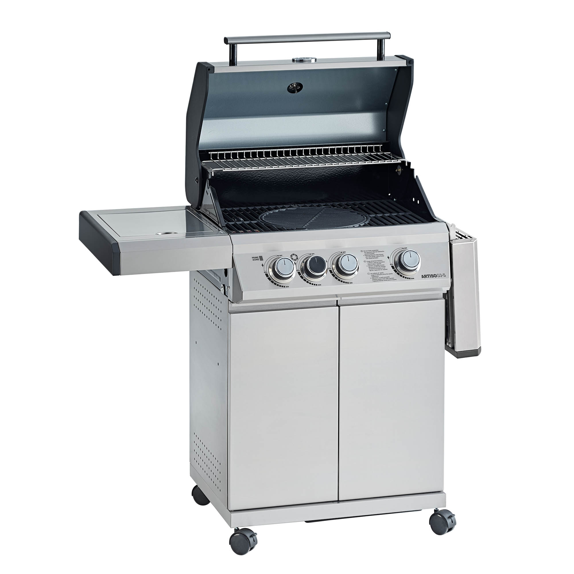 Gasgrill BBQ Station Artiso G3-S aus Edelstahl mit offenem Deckel, vier Reglern und seitlichem Ablagetisch.
