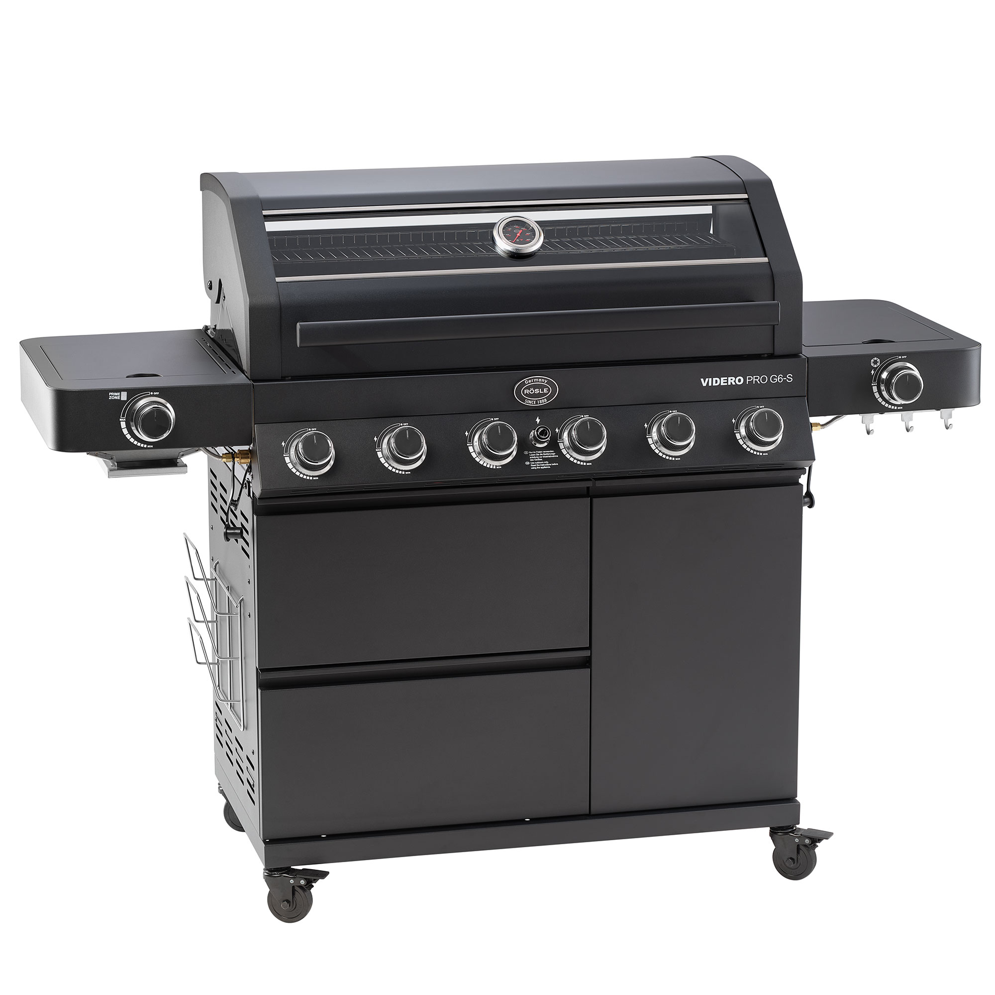 RÖSLE Gasgrill Videro G6-S PRO Gasgrill Videro G6-S PRO in Schwarz mit zwei Seitenablagen und mehreren Bedienelementen.