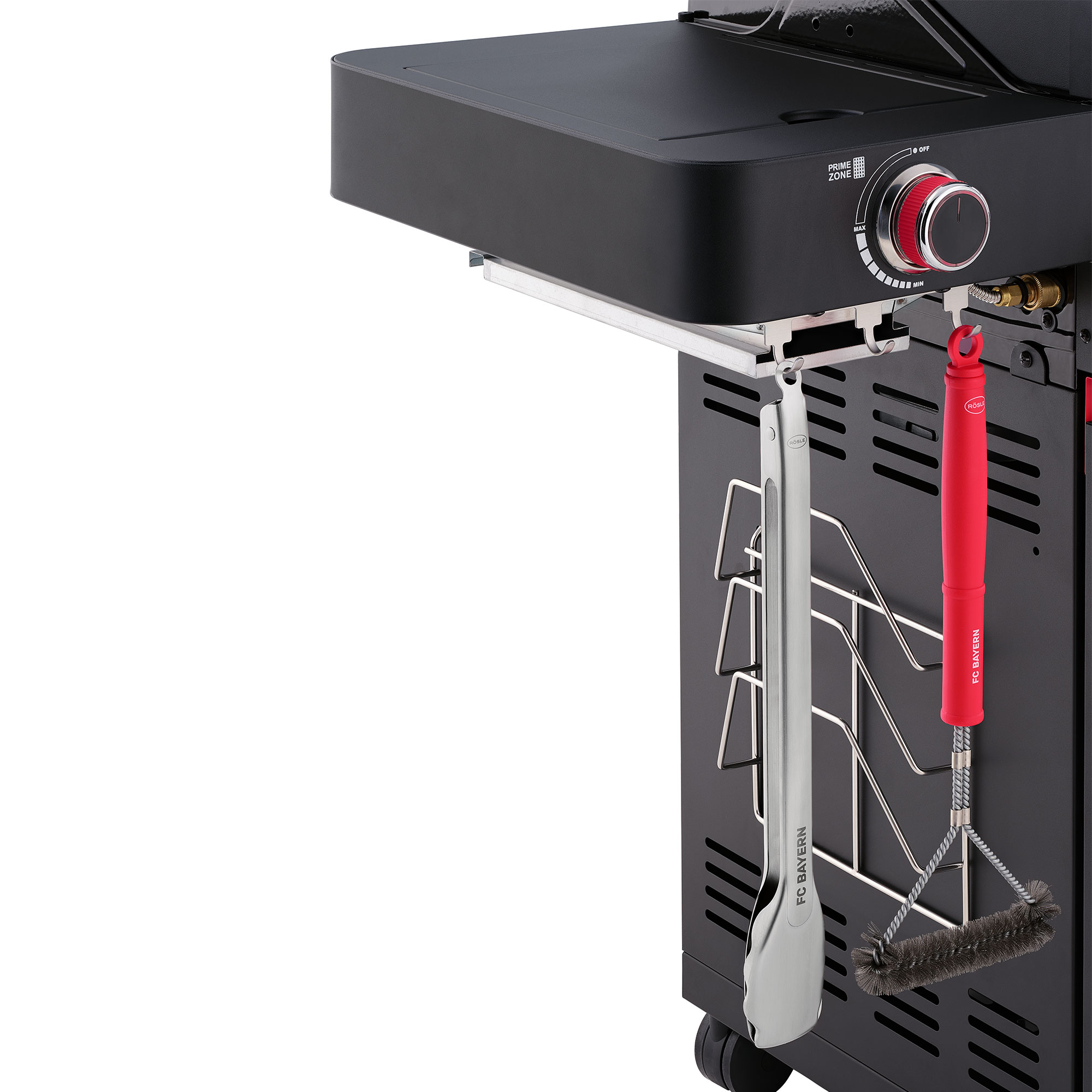 RÖSLE Gasgrill Videro G4-S Gasgrill BBQ Station Videro G4-S in Schwarz mit Zubehörhaltern und Grillbesteck.