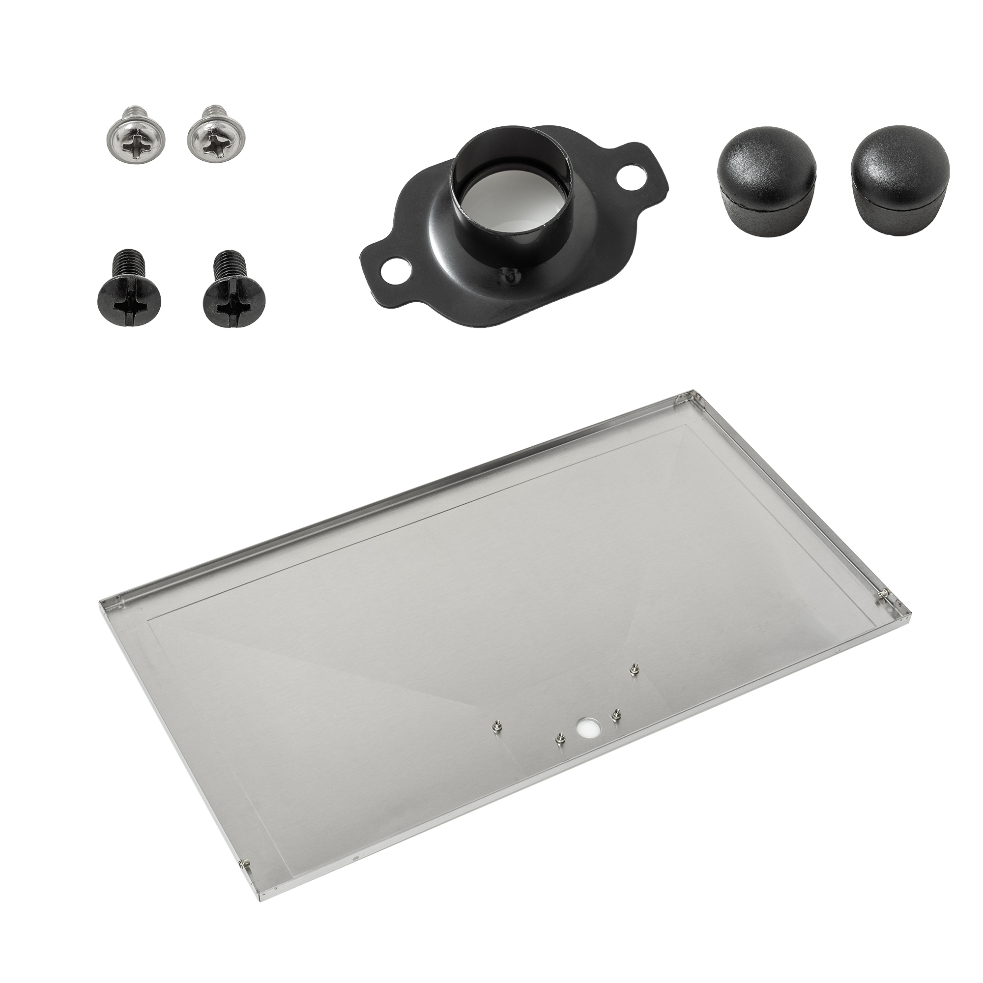 RÖSLE grease drip tray with accessories Stainless steel grease drip tray with handle knob, including screws and cover caps.