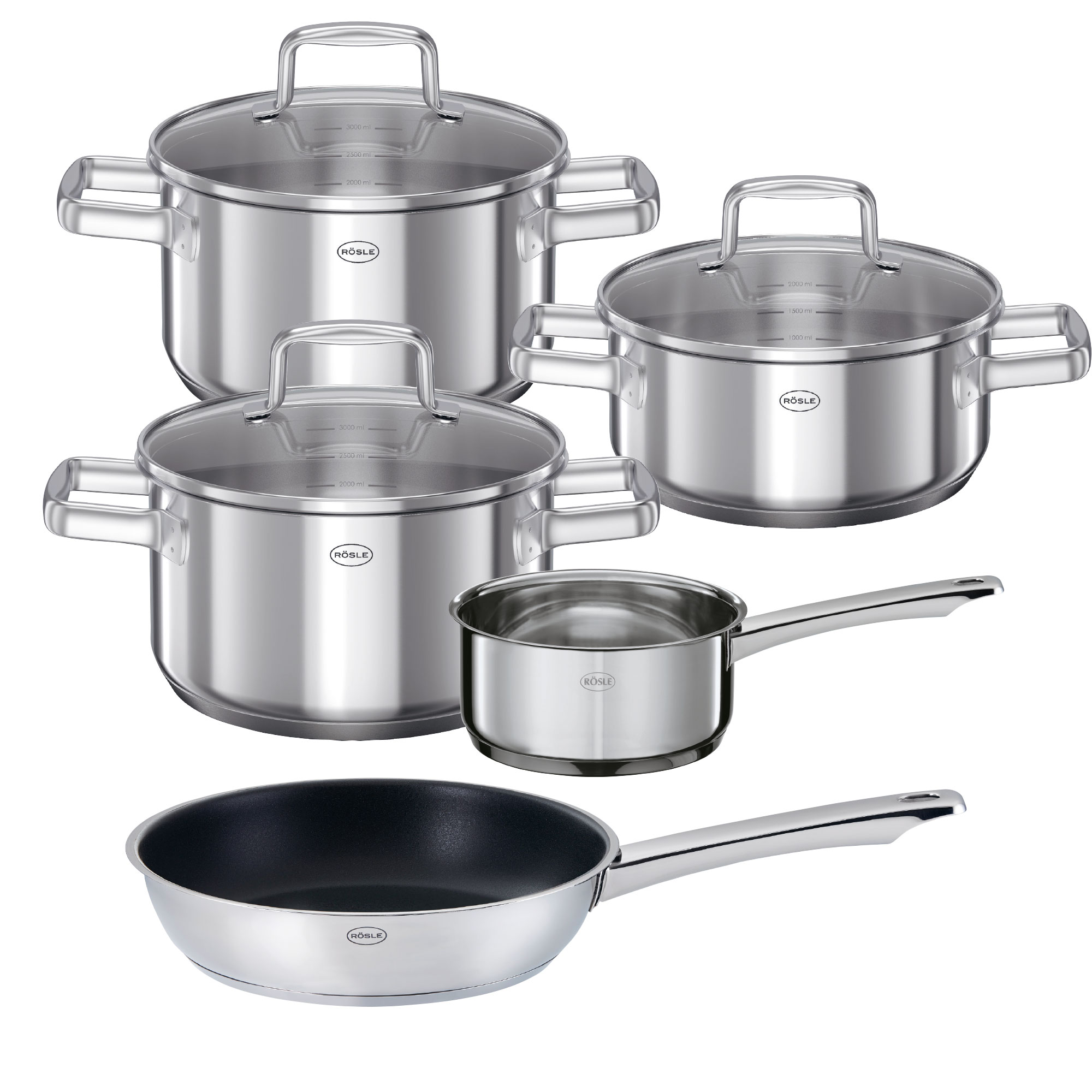 RÖSLE Topf-Set 'Moments', 5-teilig Topf-Set 'Moments', 5-teilig, aus Edelstahl, mit Glasdeckeln, inklusive Bratpfanne mit Antihaftbeschichtung.