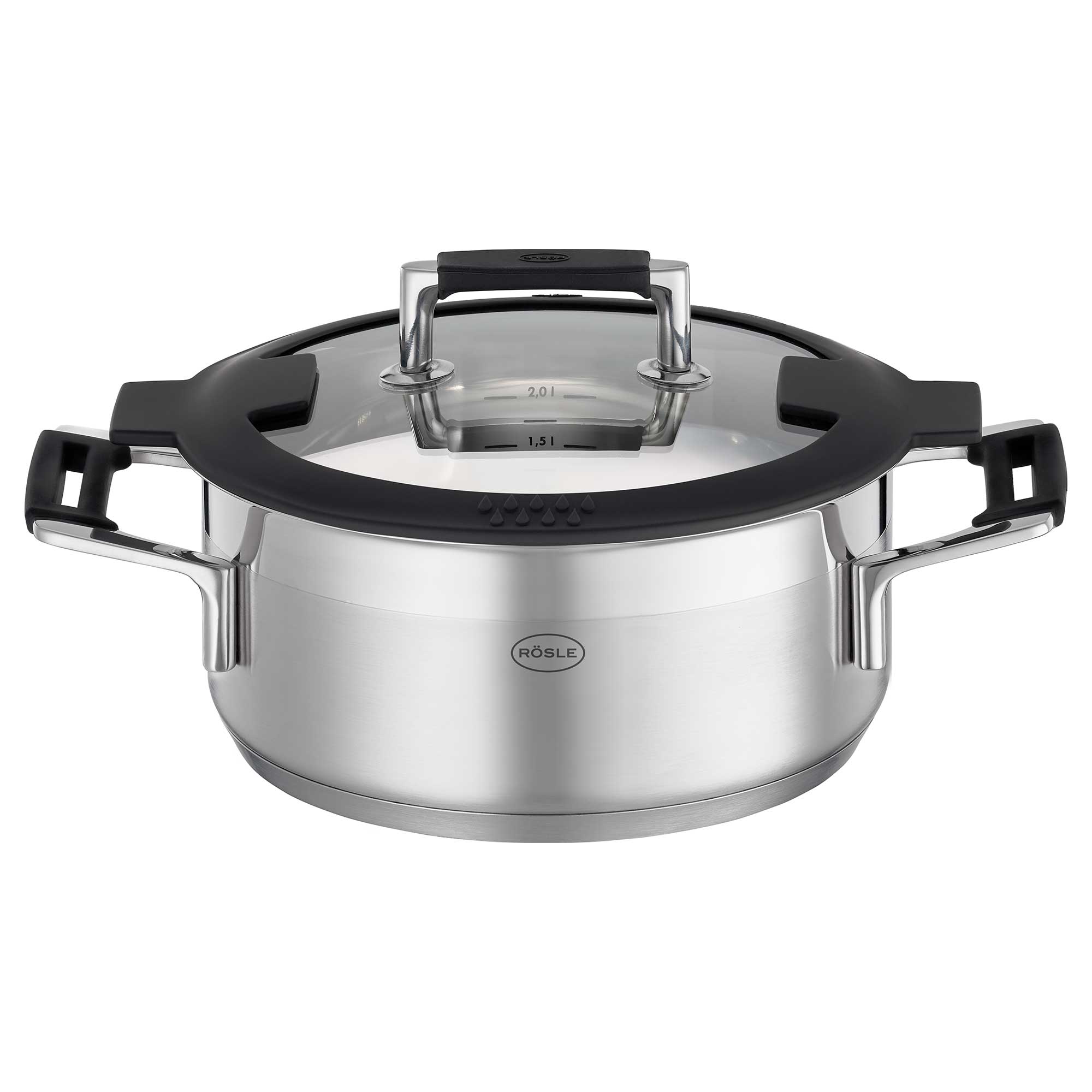 RÖSLE Bratentopf Silence PRO 20 cm Bratentopf Silence PRO, 20 cm, aus Edelstahl mit Glasdeckel und schwarzen Griffen