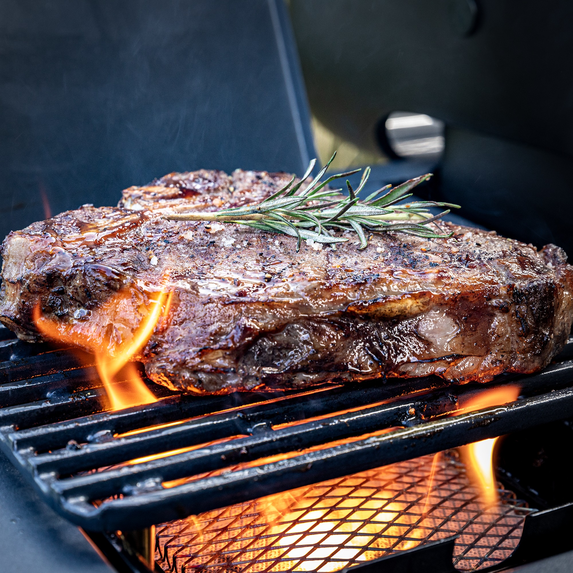 Blazeflame Master Grill mit Steak, das auf dem Rost brutzelt, umgeben von Flammen und Rosmarin.