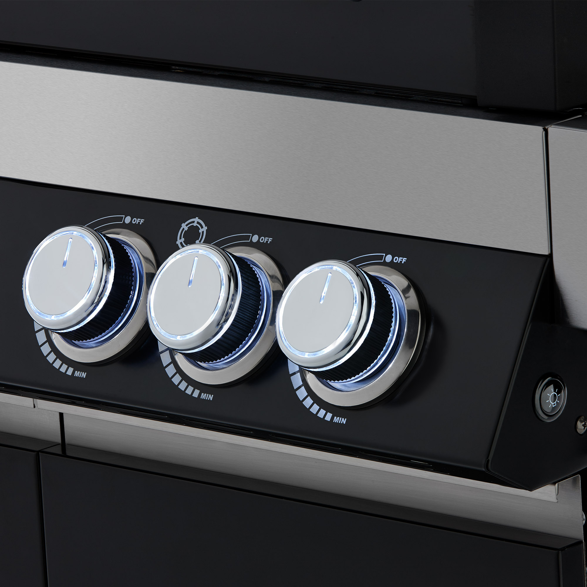 RÖSLE Gasgrill Videro G4 Steuerung Gasgrill BBQ Station Videro G4, schwarze Steuerung mit drei verchromten Drehknöpfen und blauer...