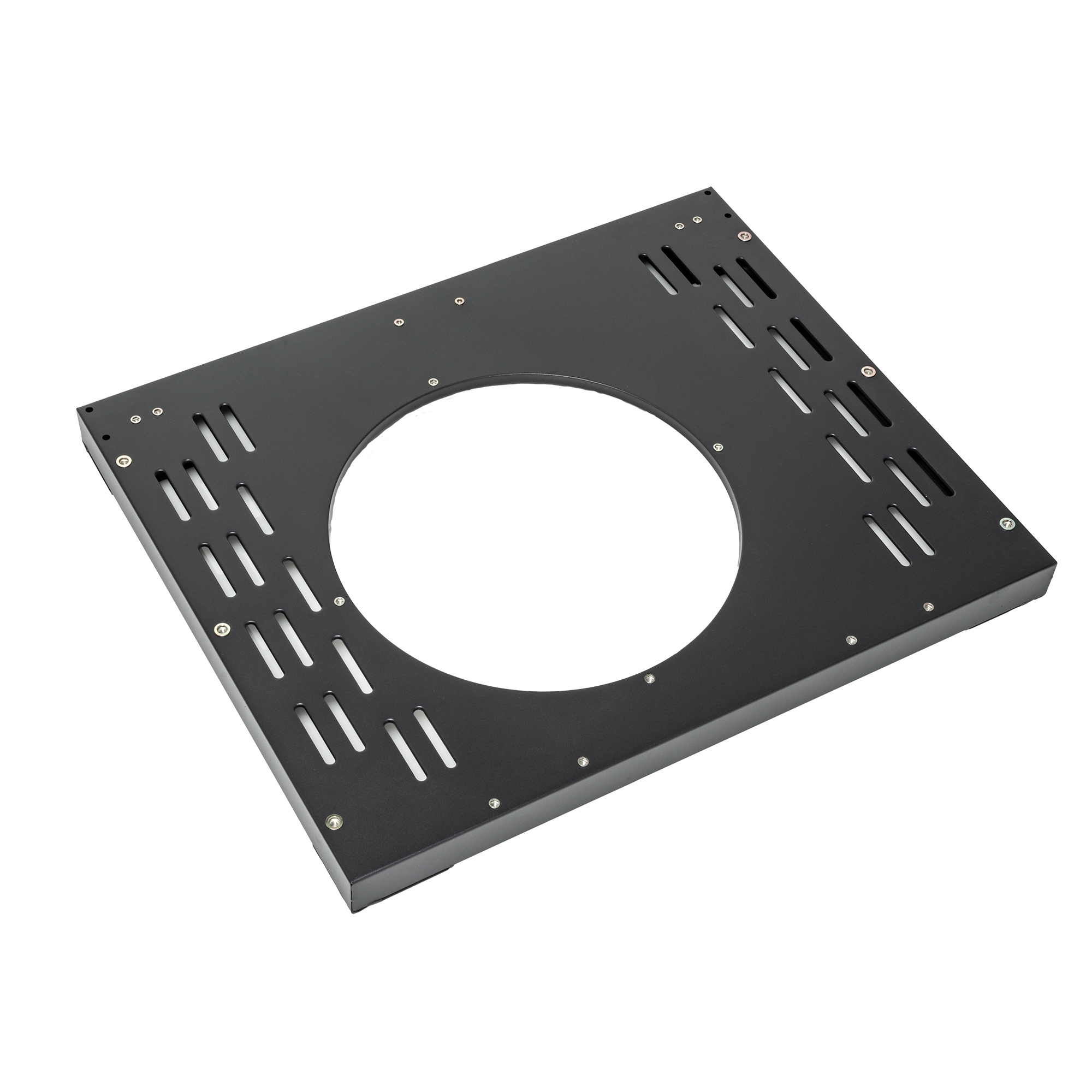 RÖSLE Unterschrank-Boden aus Metall Unterschrank-Boden, rechteckige schwarze Metallplatte mit zentralem Loch und Belüftungsschlitzen.