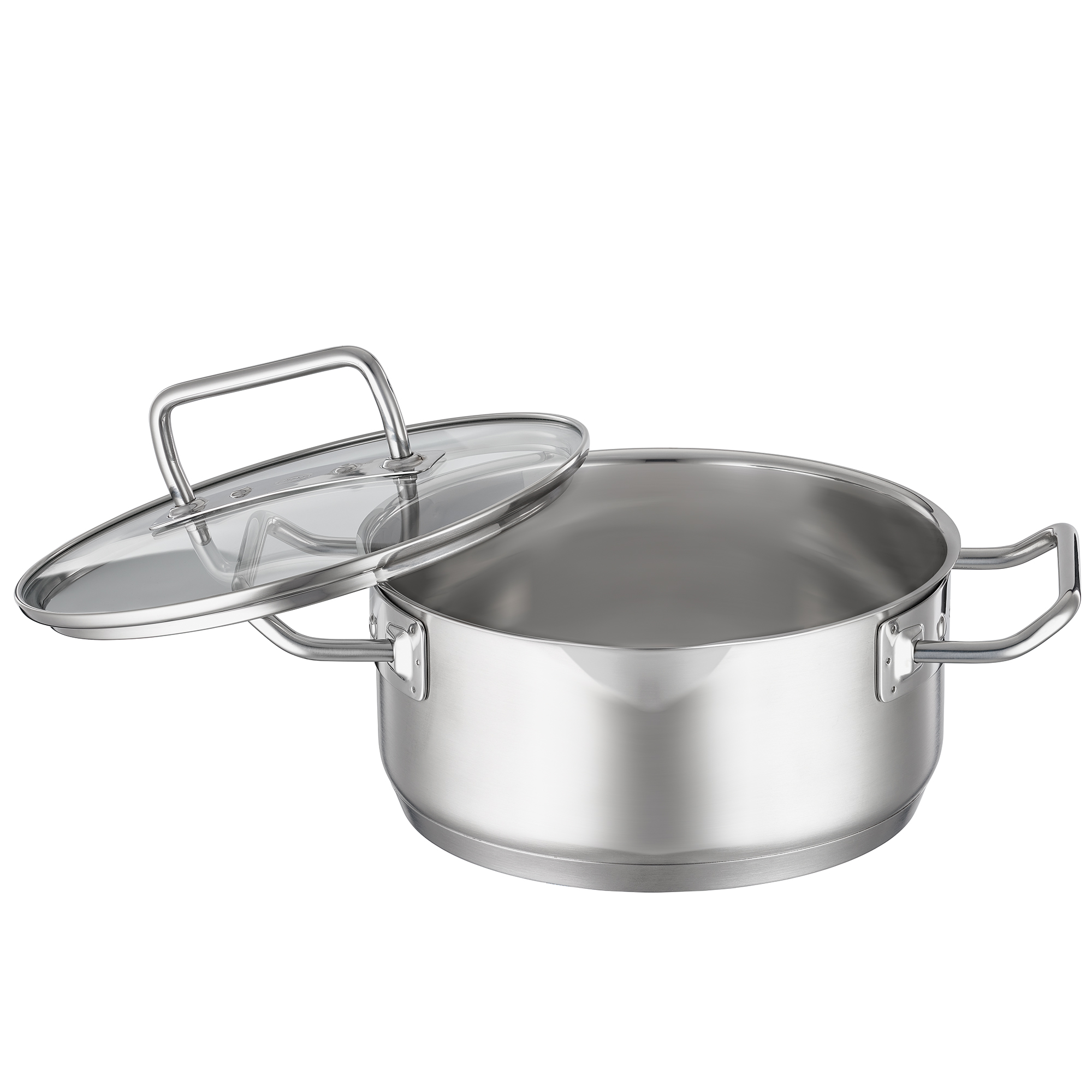RÖSLE Bratentopf 20 cm Bratentopf, 20 cm, aus Edelstahl, mit Glasdeckel und zwei Griffen