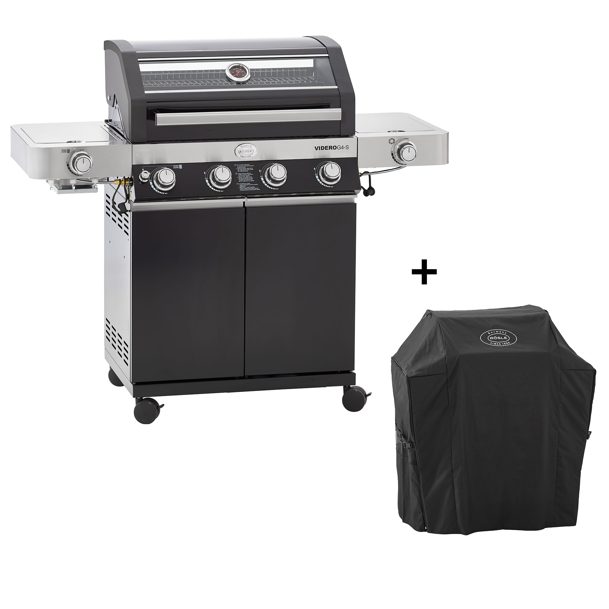 RÖSLE Gasgrill Videro G4-S mit Abdeckhaube Gasgrill Videro G4-S in Schwarz mit Edelstahl-Oberfläche und Abdeckhaube