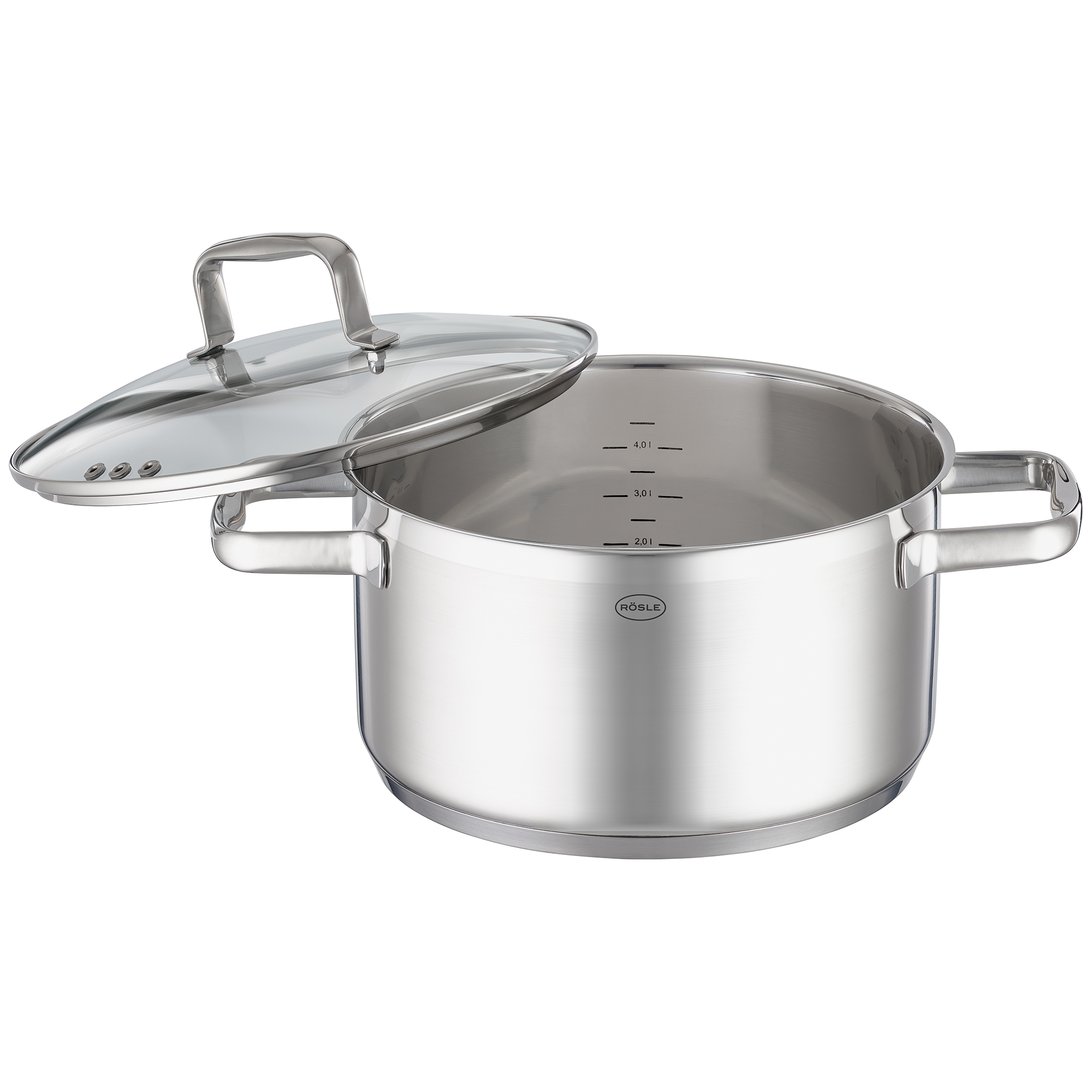 Stainless steel saucepan with glass lid, 24 cm diameter, with internal measuring scale.