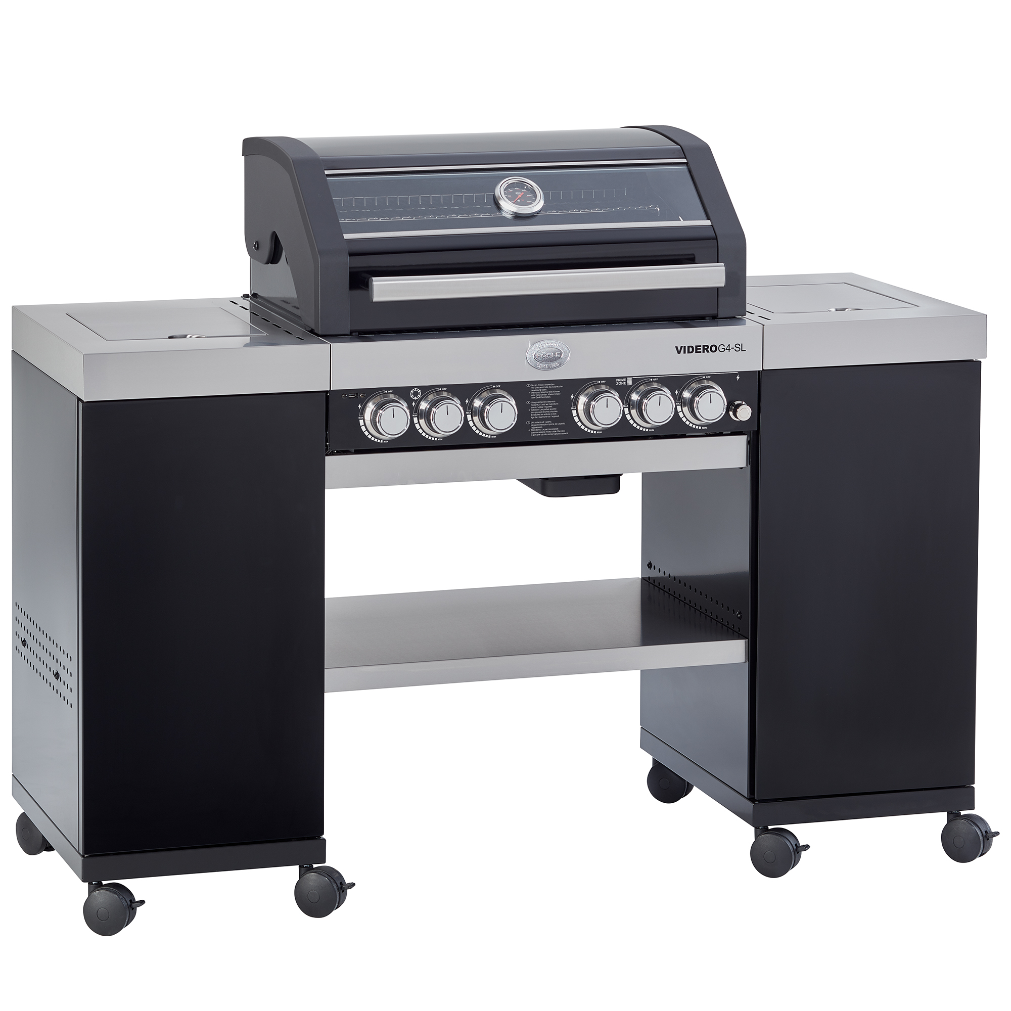 Gasgrill Videro G4-SL, schwarz, mit vier Brennern und Seitenablage, auf Rollen.