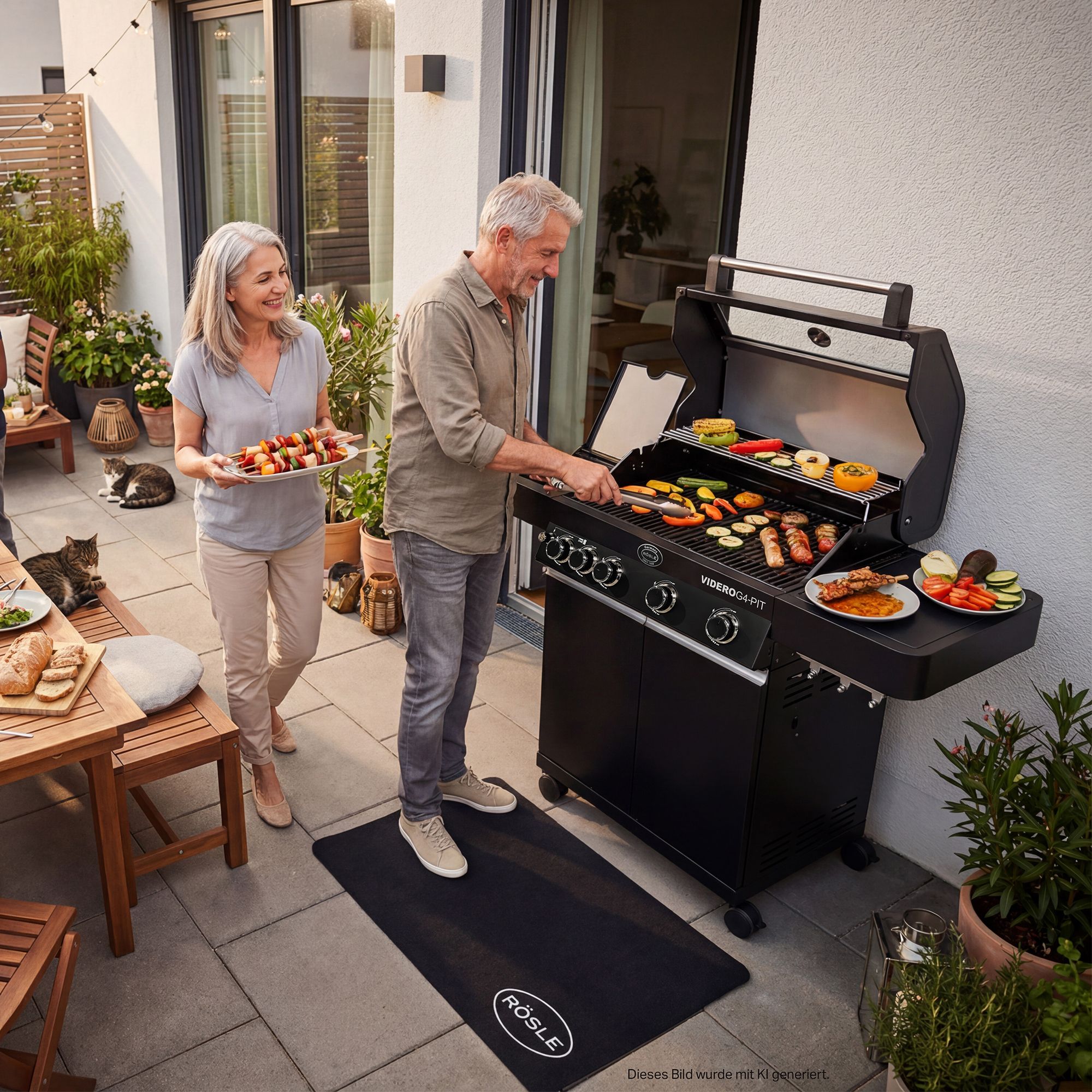RÖSLE Gasgrill VIDERO G4-PIT ein Ehepaar grillt am Videro G4-PIT verschiedenes Fleisch und Gemüse