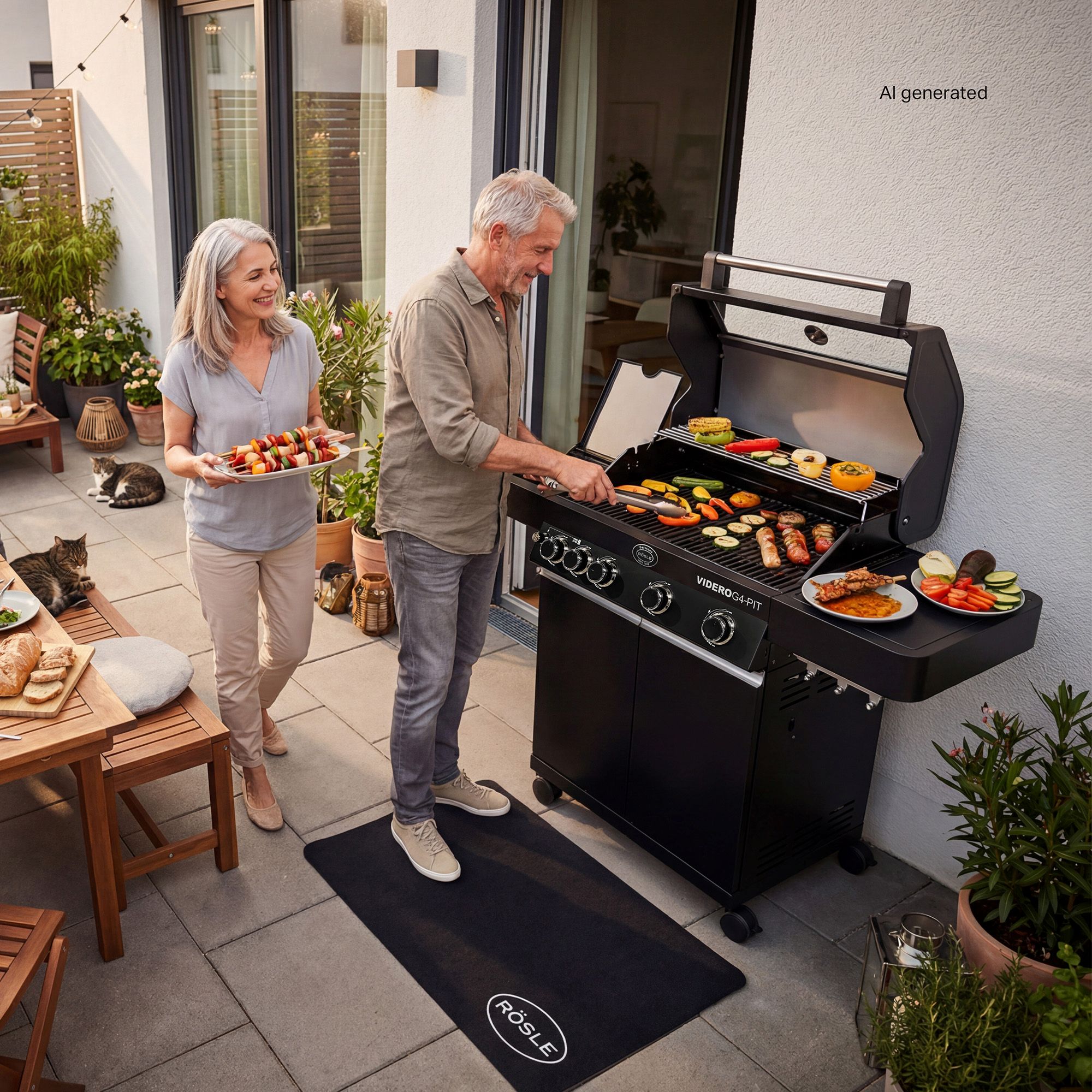 RÖSLE Gasgrill VIDERO G4-PIT ein Ehepaar grillt am Videro G4-PIT verschiedenes Fleisch und Gemüse