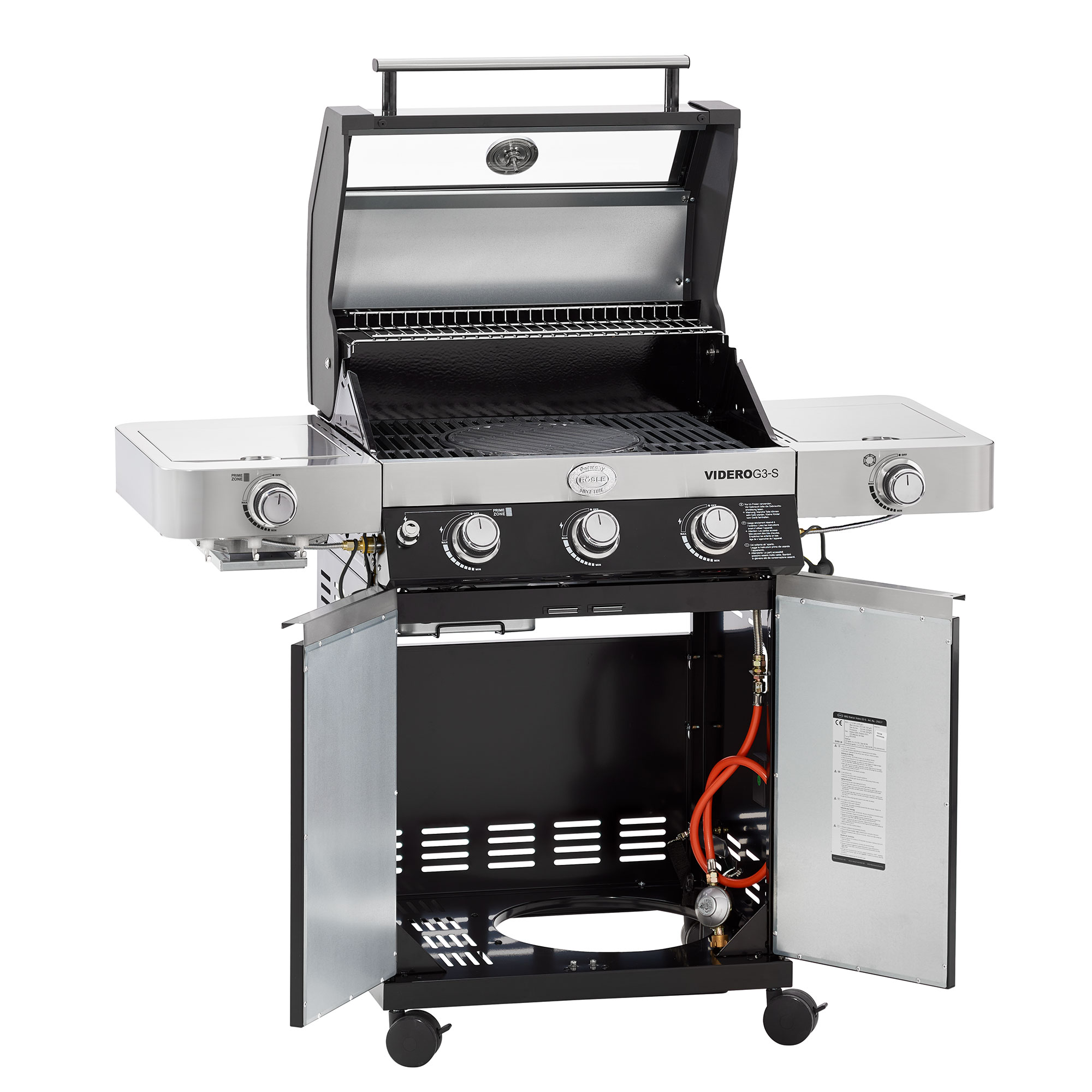 RÖSLE Gasgrill Videro G3-S Gasgrill Videro G3-S in Schwarz mit drei Brennern, seitlichen Ablageflächen und offenem Grillbereich.
