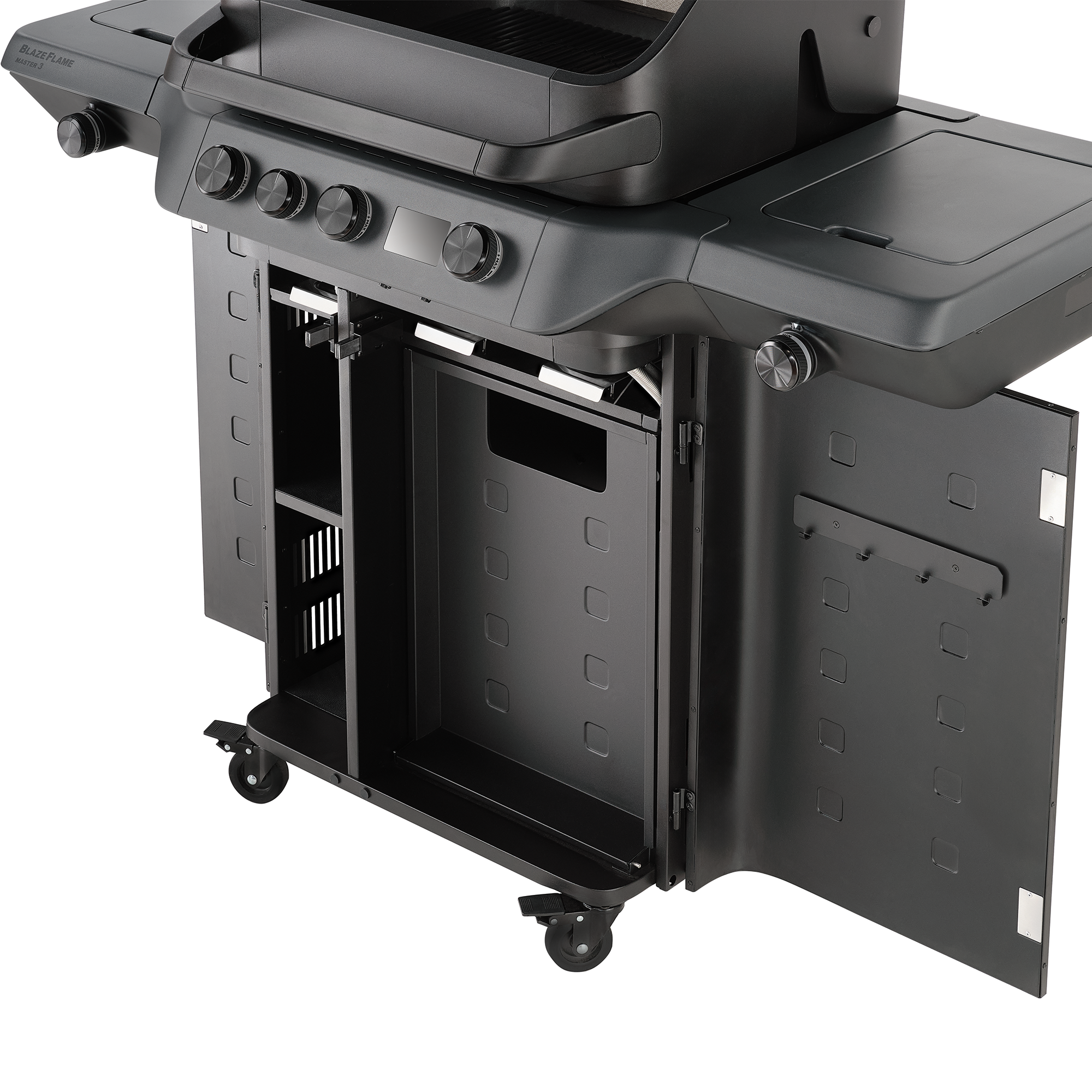 Blazeflame Master 3 Grill mit schwarzem Gehäuse, seitlichen Ablageflächen und offenen Türen.