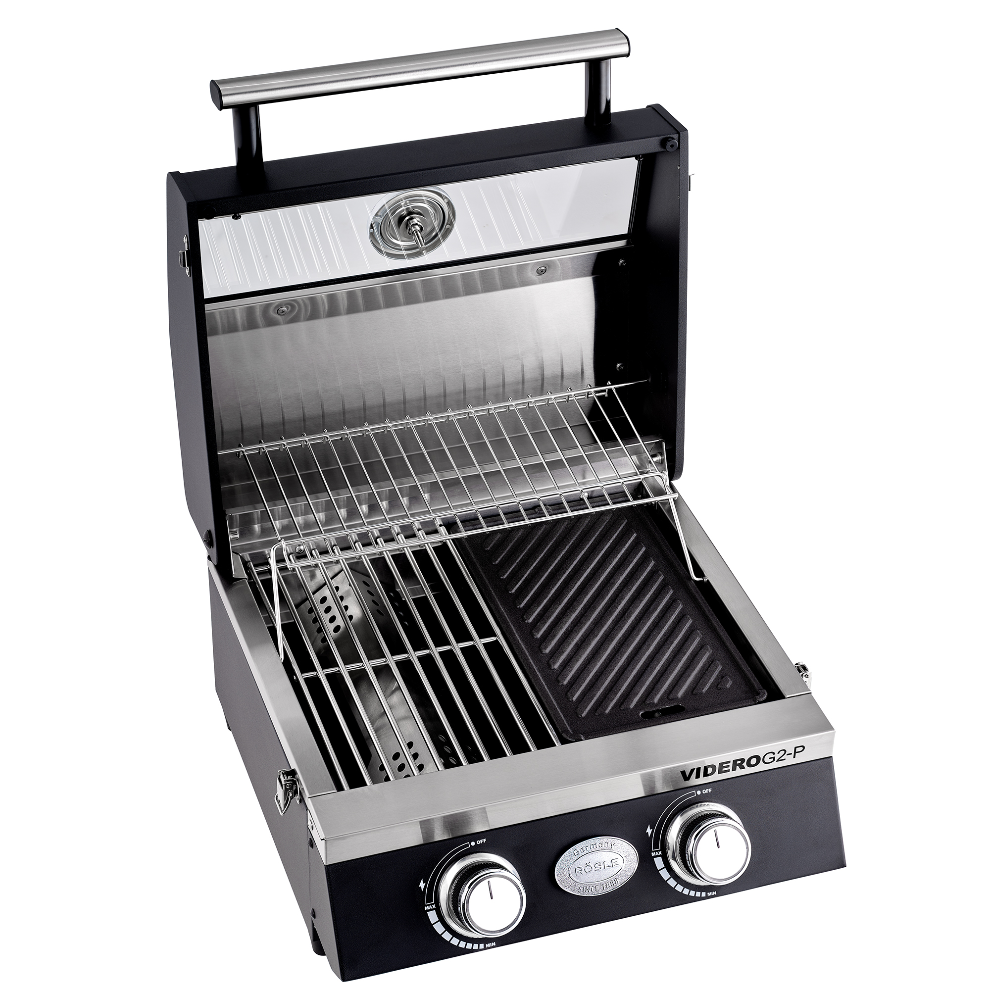 RÖSLE Videro G2-P Gasgrill Gasgrill Videro G2-P, tragbar, mit Grillrost und Grillplatte, Edelstahl und Schwarz.