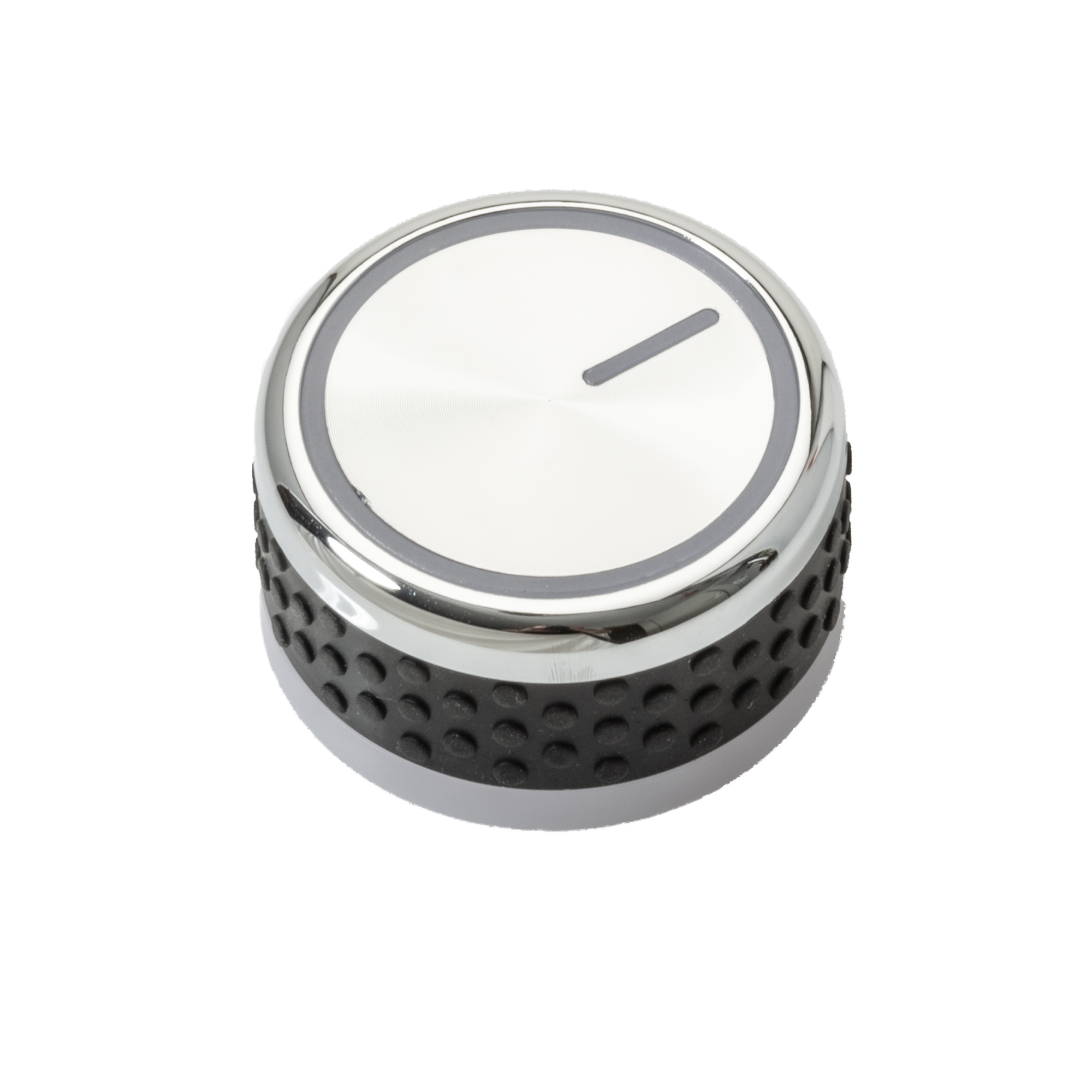 Drehknopf für RÖSLE Seitenbrenner Drehknopf für Seitenbrenner, rund, mit silberner Oberfläche und schwarzem Gummi-Griff.