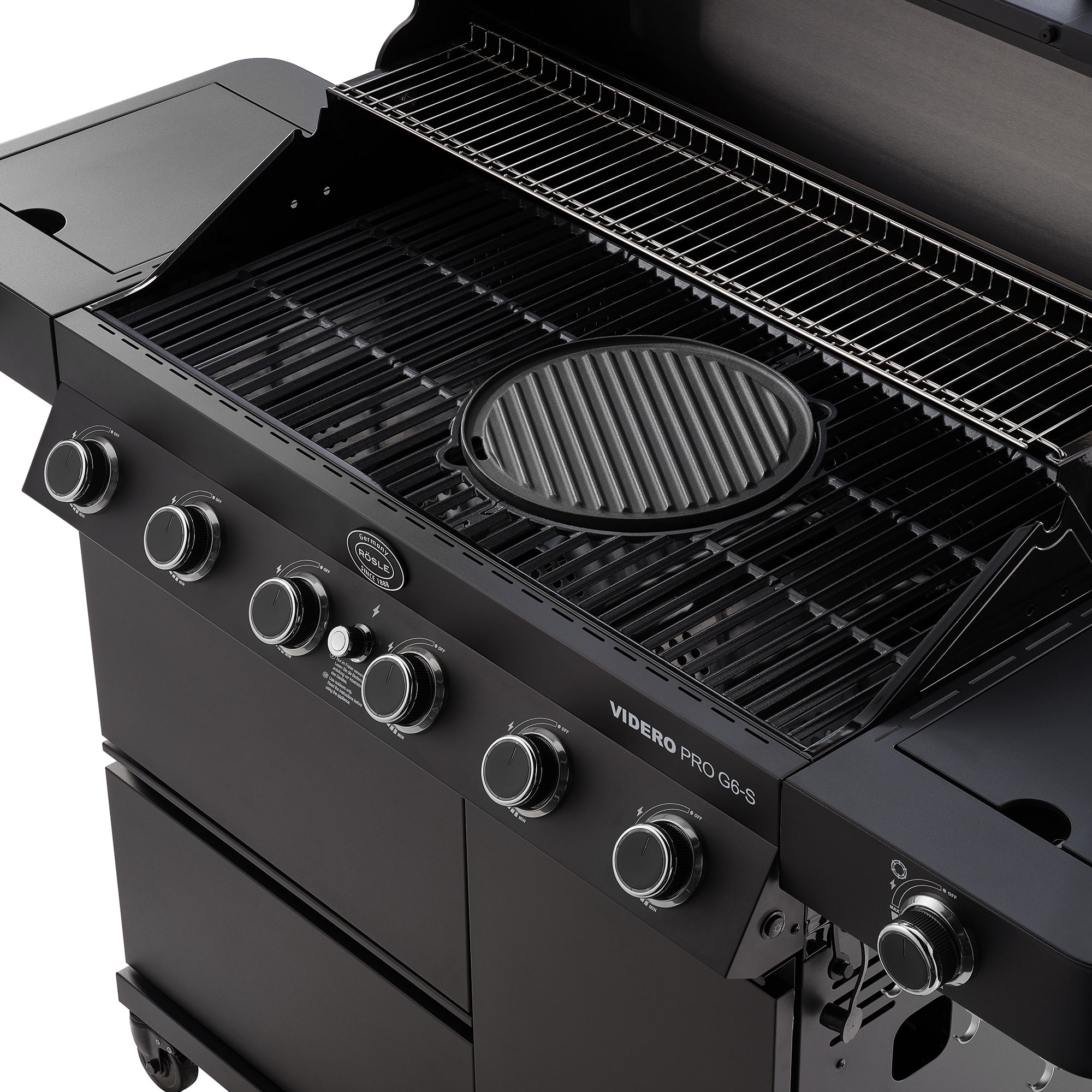 RÖSLE Gasgrill Videro G6-S Gasgrill Videro G6-S mit Grillrost und Grillplatte, schwarz, vier Regler.