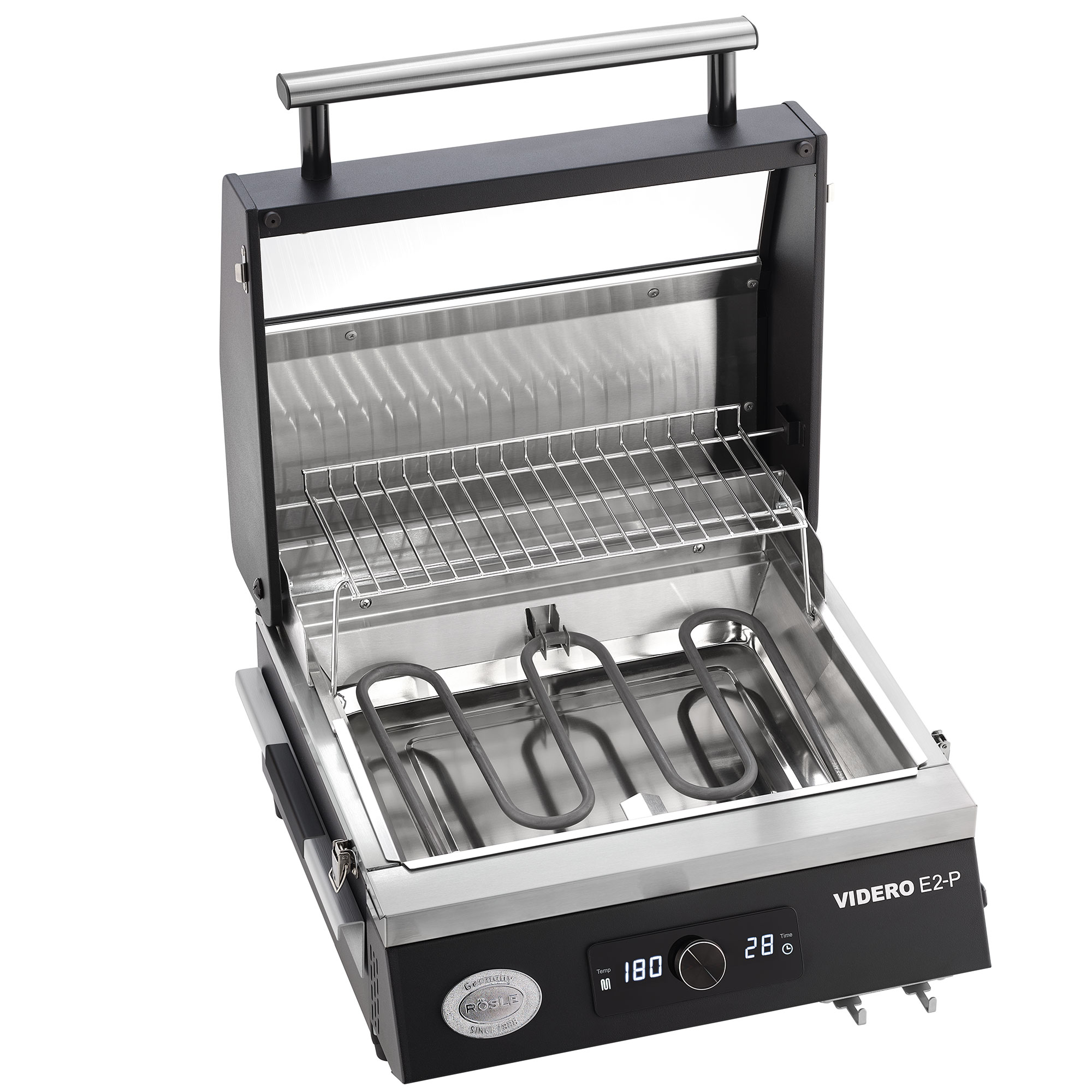 RÖSLE Elektrogrill Videro E2-P Elektrogrill Videro E2-P aus Edelstahl mit Grillrost und Bedienelementen.