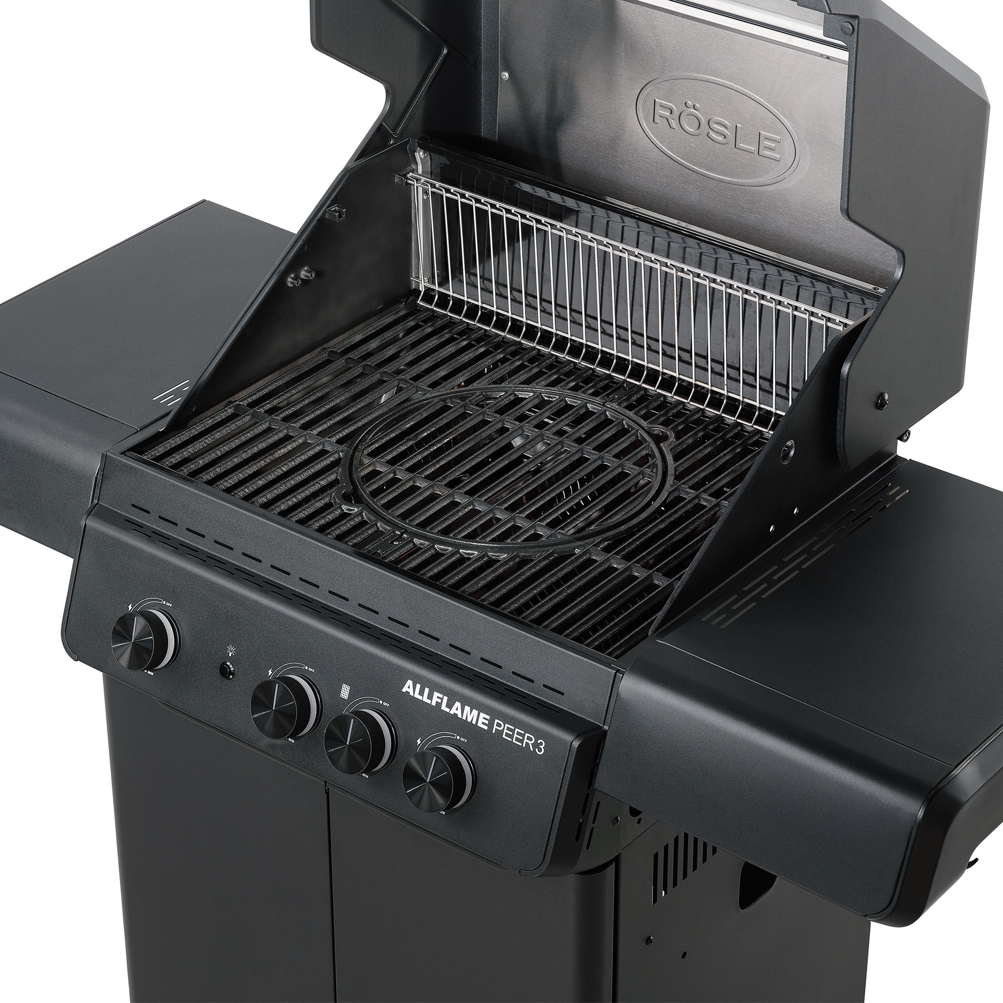 RÖSLE Allflame Peer 3 gas barbecue Allflame Peer 3 gas barbecue with open lid, grill grate and controls.