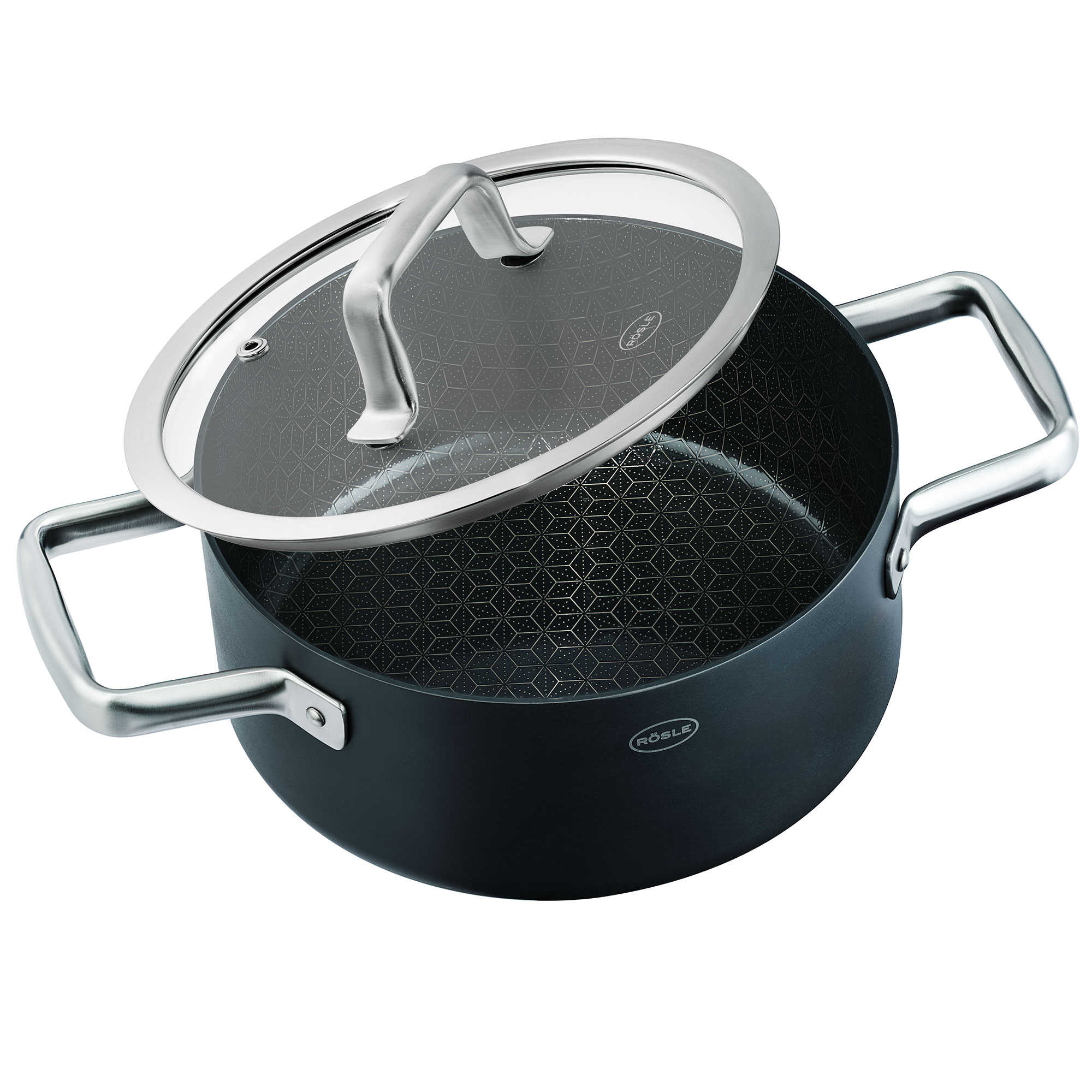 Bratentopf aus Mehrschichtmaterial mit Keramikversiegelung ProNero, geöffneter Deckel, Wabenstruktur