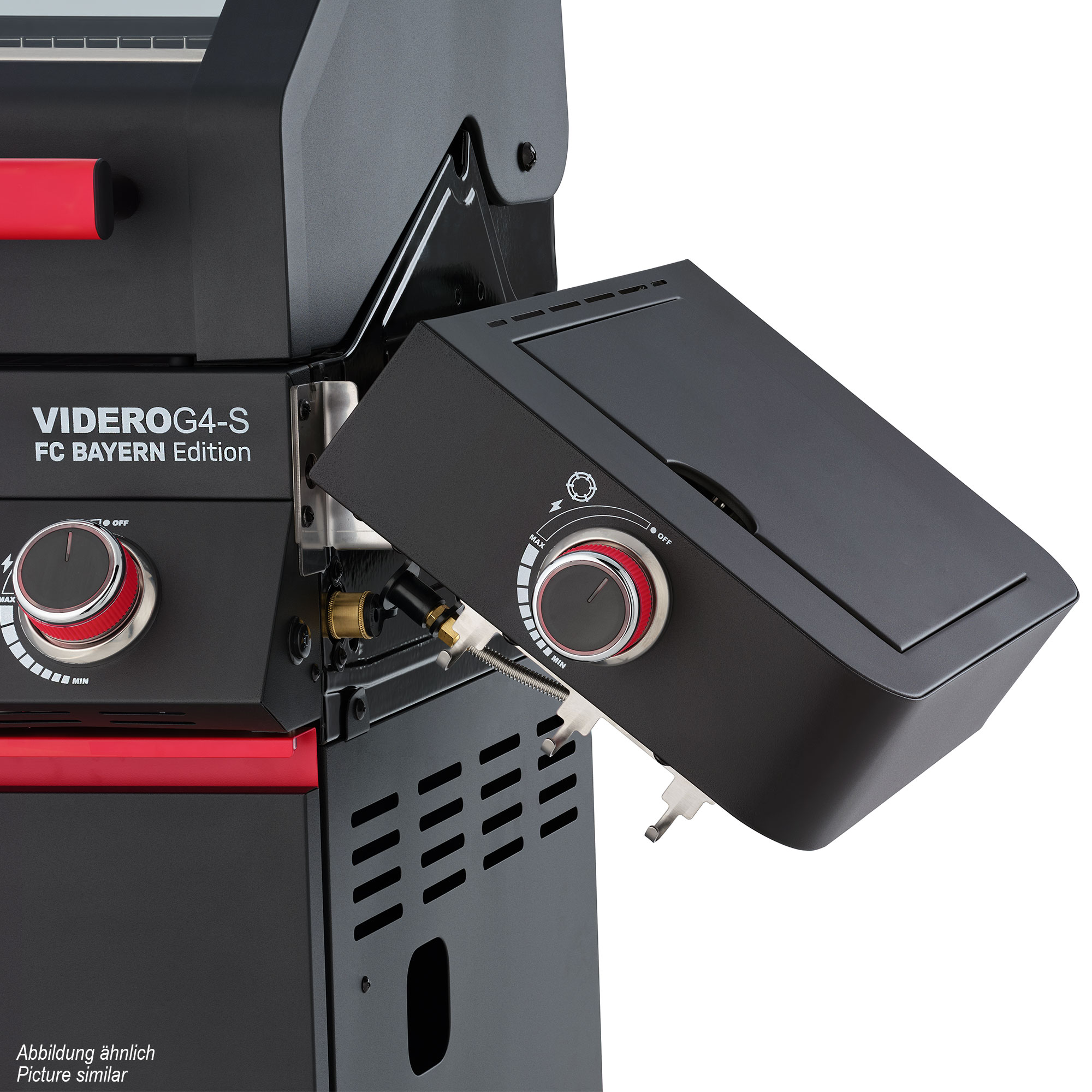 Videro G4-S Gasgrill in FC Bayern Edition mit abnehmbarer Grillplatte und Bedienelementen.