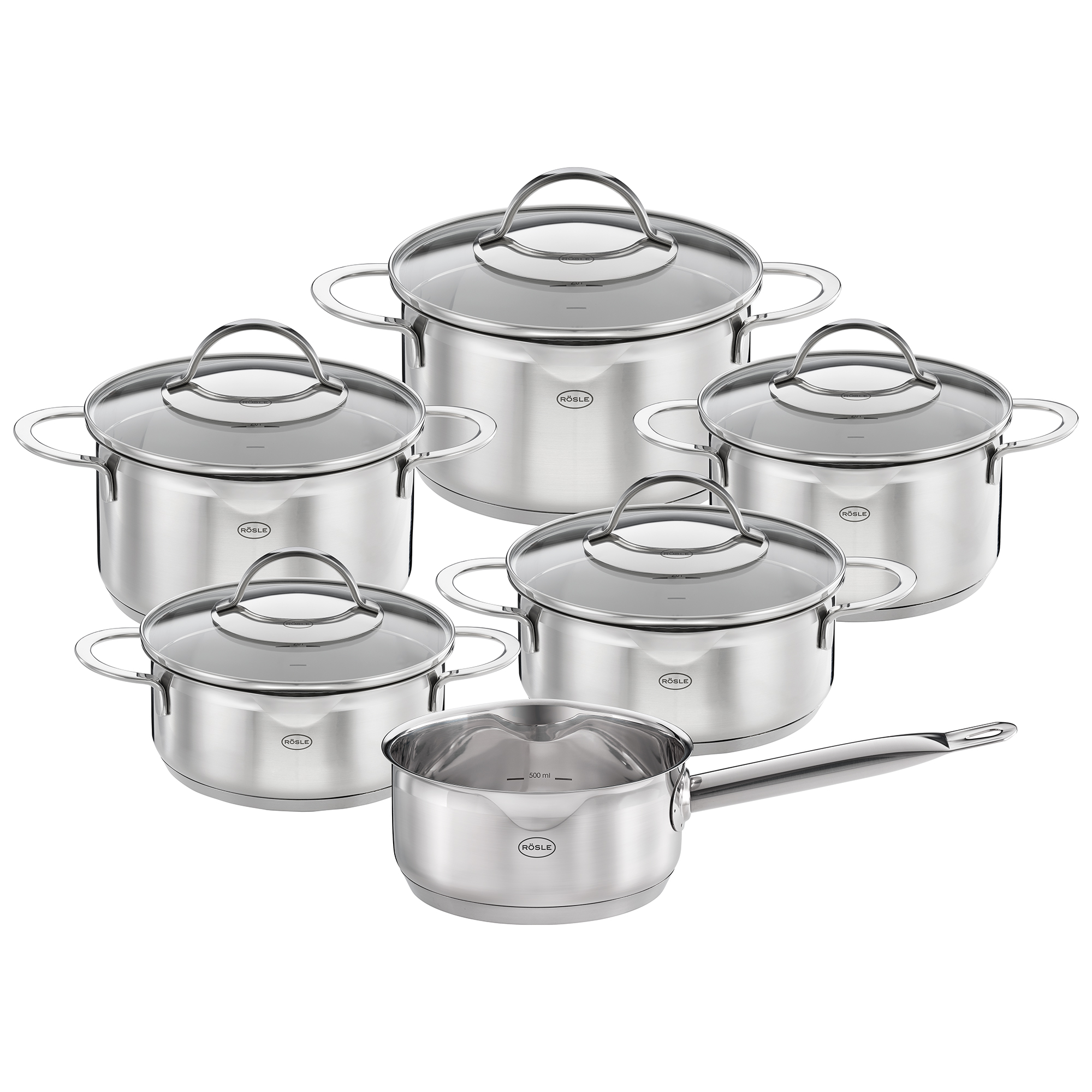 RÖSLE 6-teiliges Topf-Set Exquisite Topf-Set Exquisite, 6-teilig, aus Edelstahl, mit Glasdeckeln, verschiedene Größen