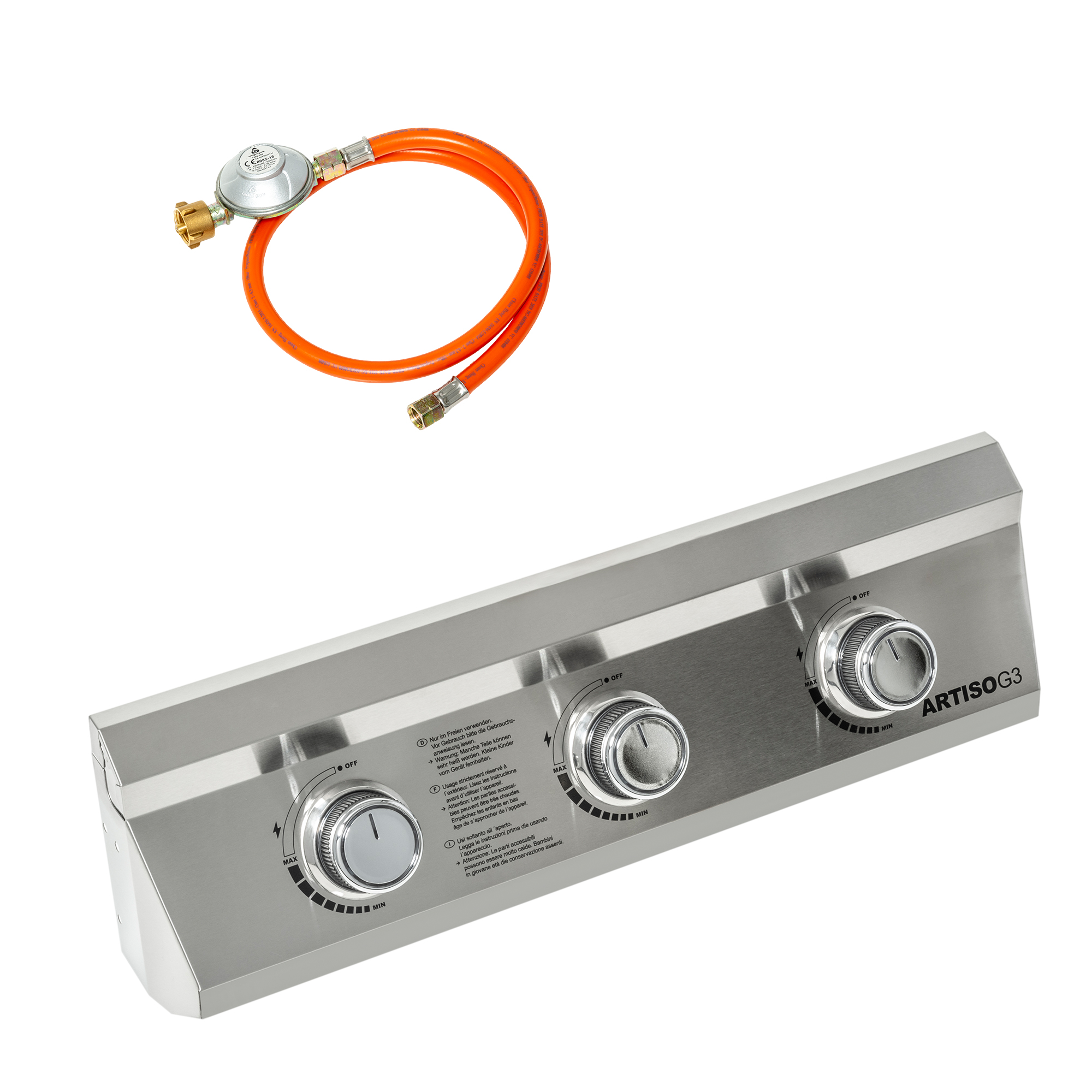 RÖSLE stainless steel control console with gas hose Stainless steel control panel with three regulators and an orange-coloured gas hose line.
