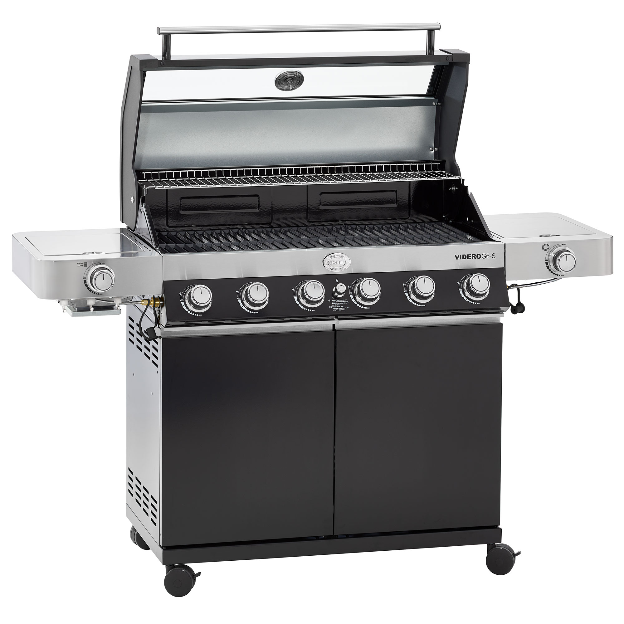 RÖSLE Gasgrill Videro G6-S Gasgrill Videro G6-S in Schwarz mit geöffnetem Deckel und sechs Reglern, zwei seitlichen Ablageflächen.