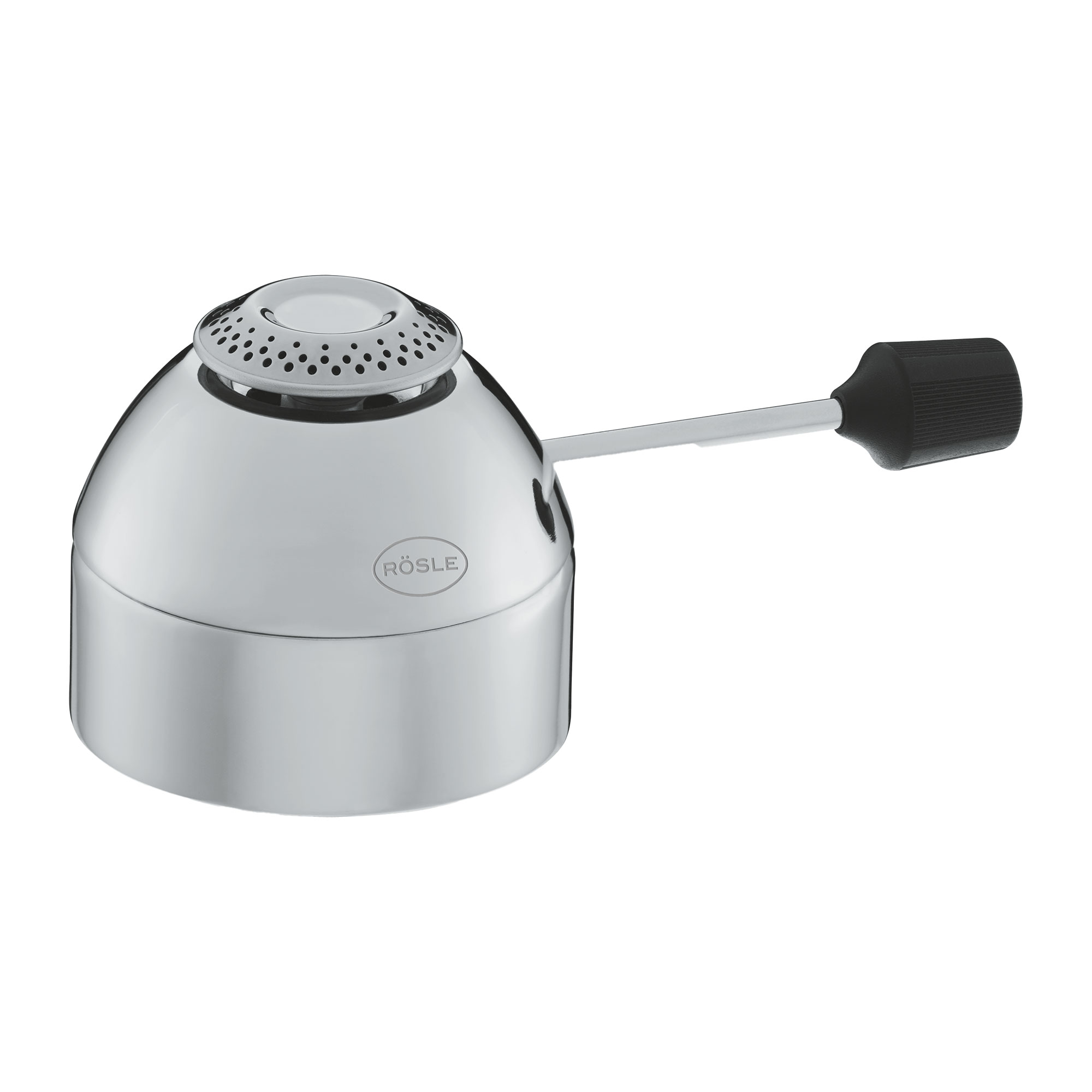 Gas burner for fondue, made of stainless steel, round shape, with handle and ventilation.