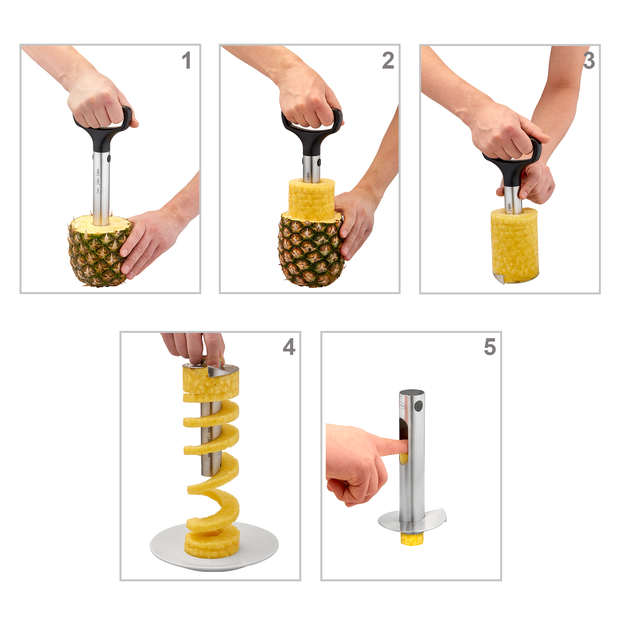 Using the RÖSLE pineapple slicer Pineapple slicer in application steps: 1. attach, 2. press in, 3. turn, 4. cut pineapple in...