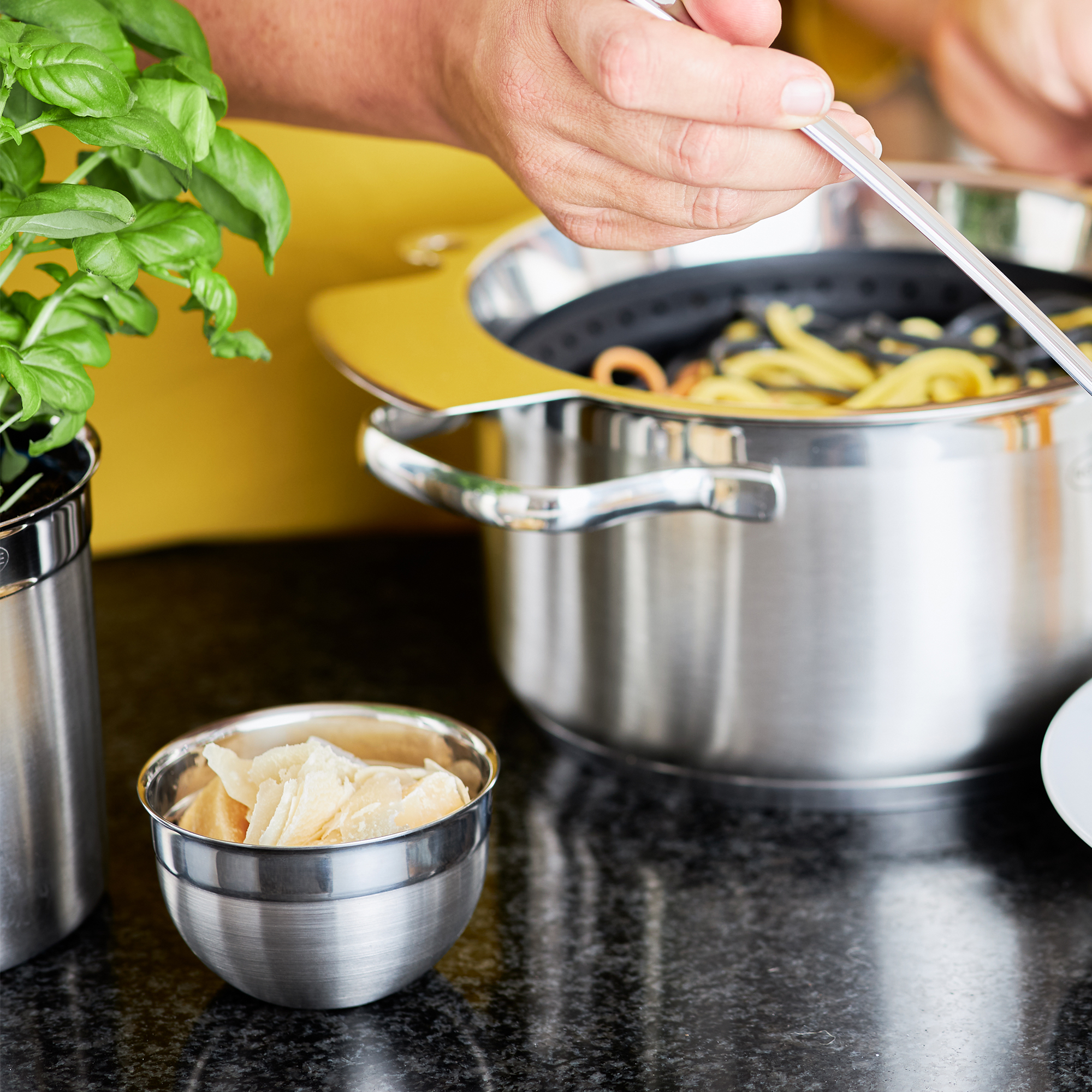 RÖSLE Edelstahlschüssel mit Zutaten Edelstahlschüssel, 8 cm hoch, mit Zutaten, daneben eine Pflanze in einem Topf.
