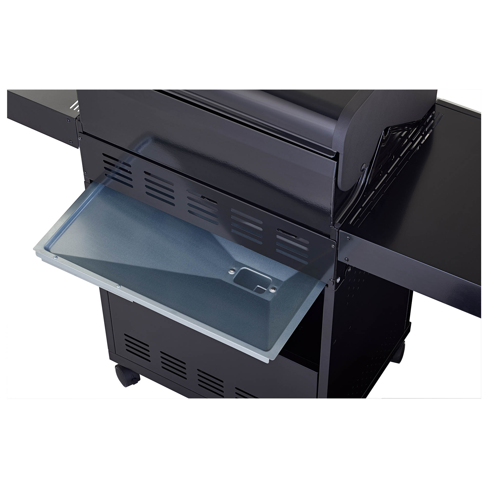 Gasgrill BBQ Station Artiso G3-S von RÖSLE Gasgrill BBQ Station Artiso G3-S aus Edelstahl mit geöffnetem Ablagefach