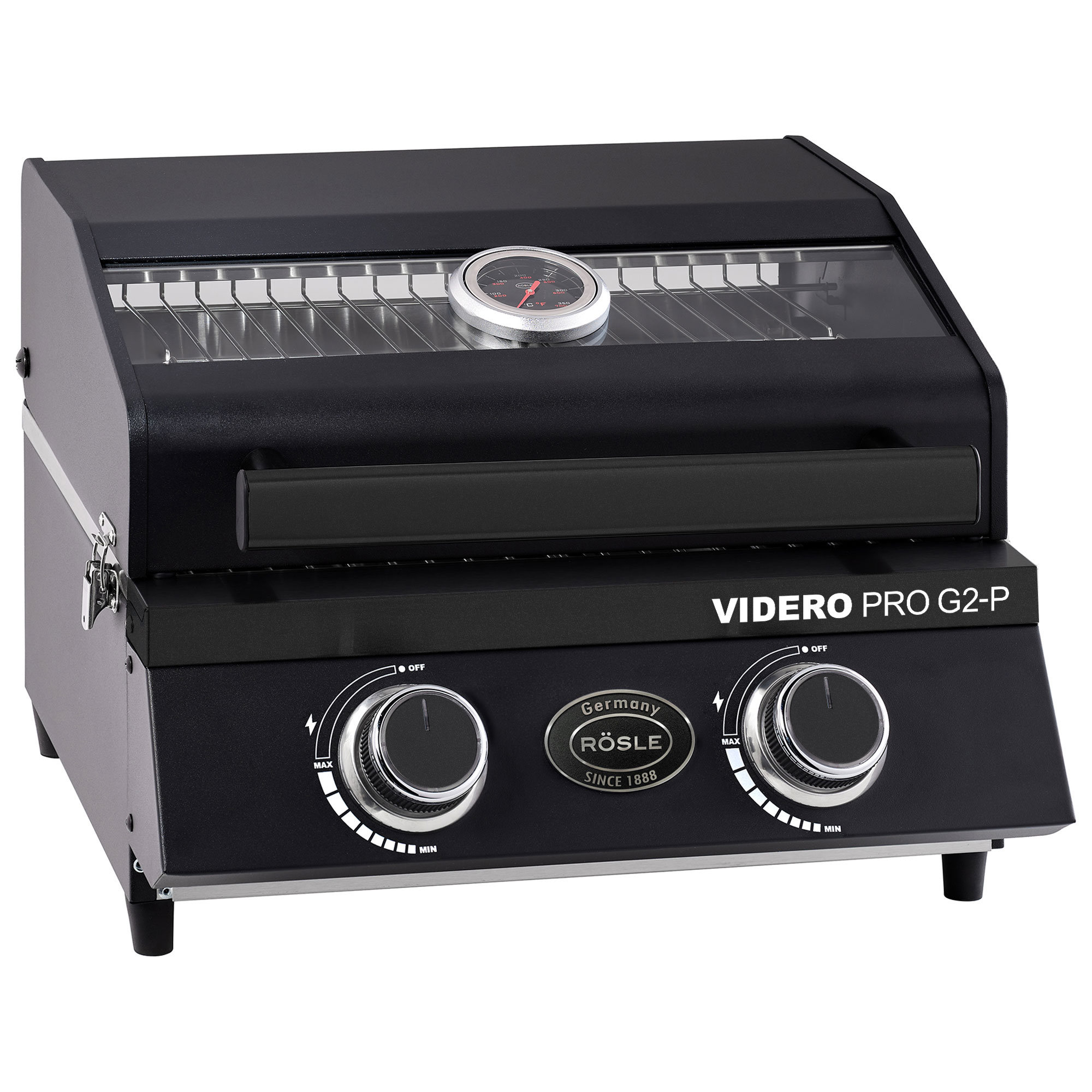 RÖSLE Videro PRO G2-P Gasgrill Gasgrill Videro PRO G2-P, tragbar, schwarz, mit zwei Reglern und Temperaturanzeige.