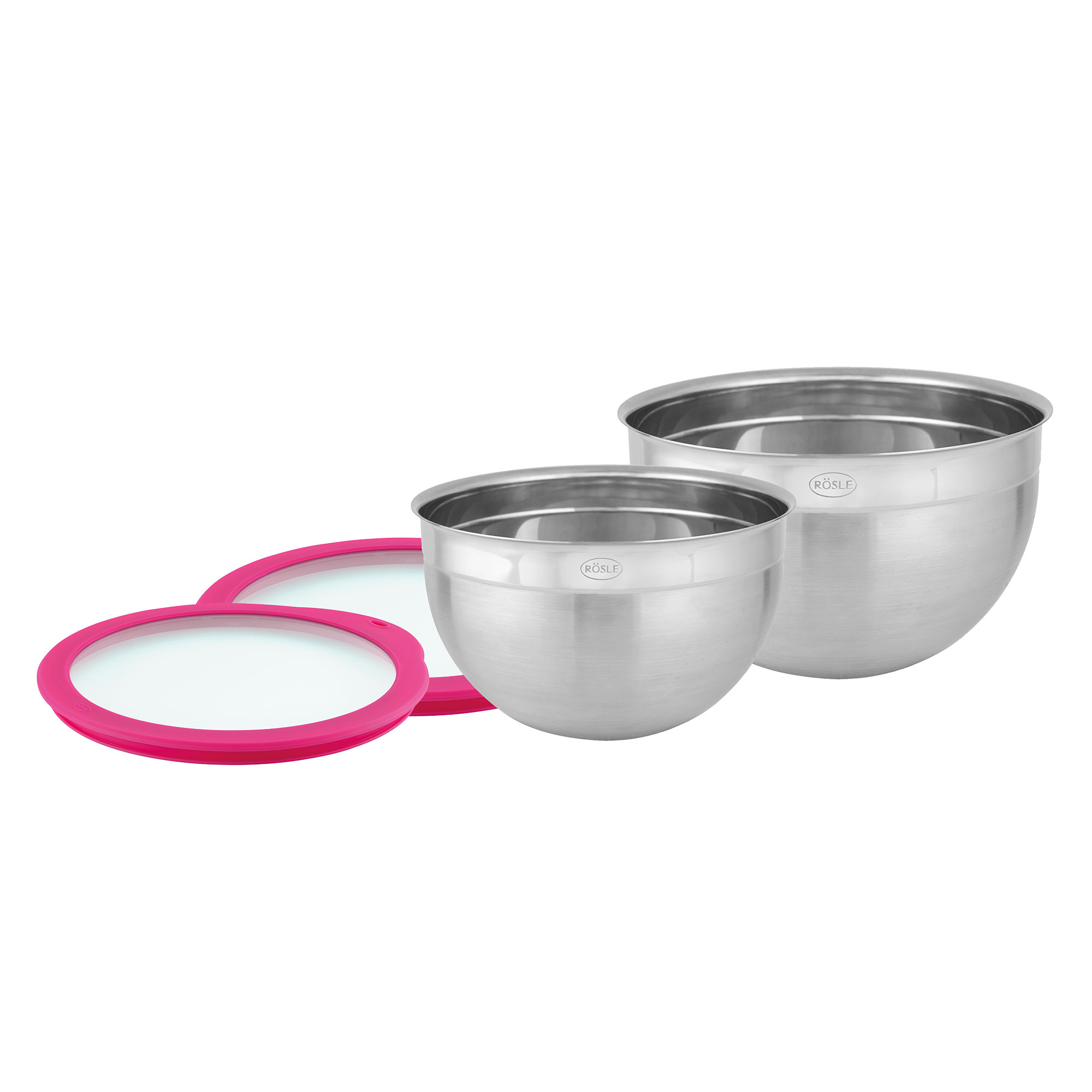 RÖSLE Edelstahl Schüssel-Set mit pinken Deckeln Schüssel-Set aus Edelstahl in zwei Größen mit pinken Deckeln.