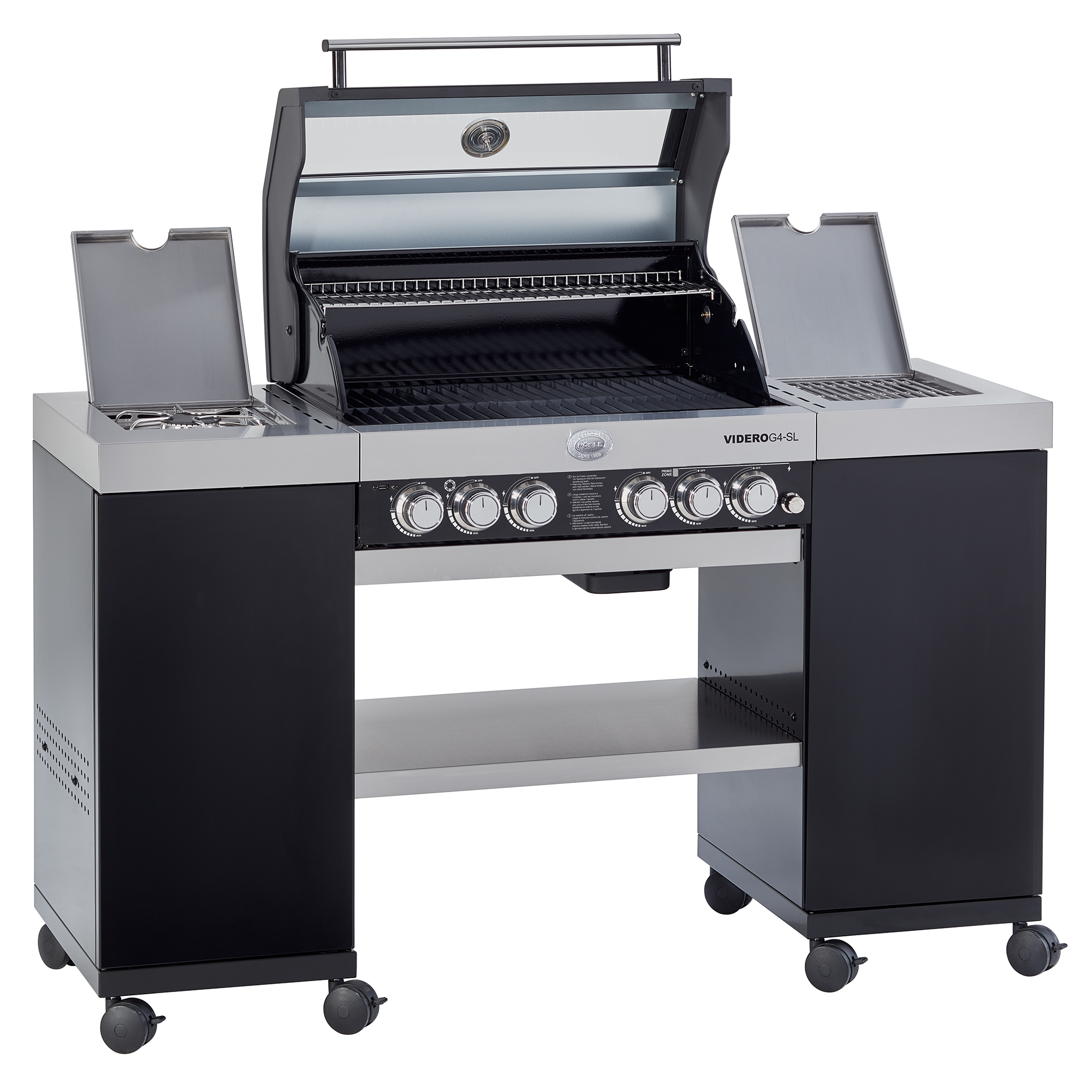 RÖSLE Gasgrill Videro G4-SL Gasgrill Videro G4-SL in Schwarz mit vier Reglern, Grillfläche und seitlichen Ablageflächen.