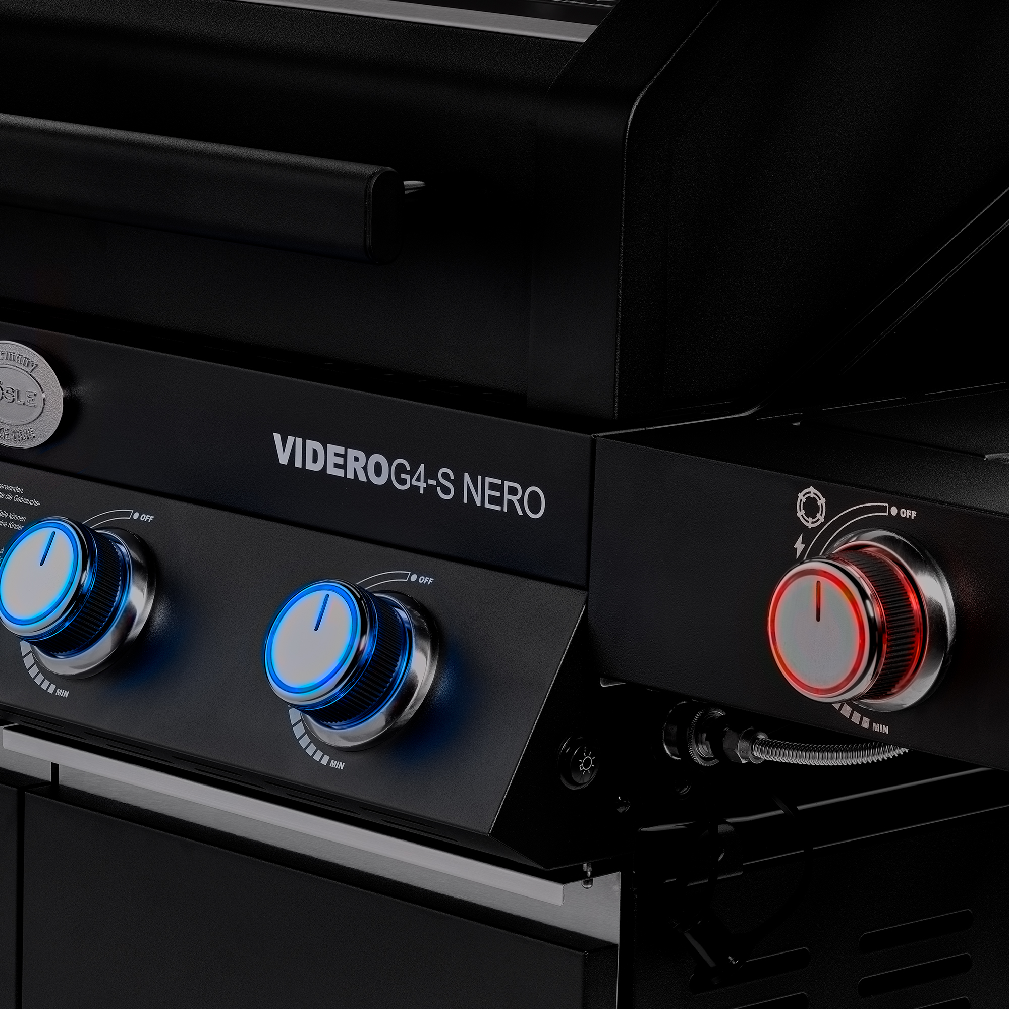 RÖSLE Videro G4-S Nero Gasgrill Videro G4-S Nero Gasgrill mit zwei Reglern in Blau und Rot, schwarz, für BBQ.