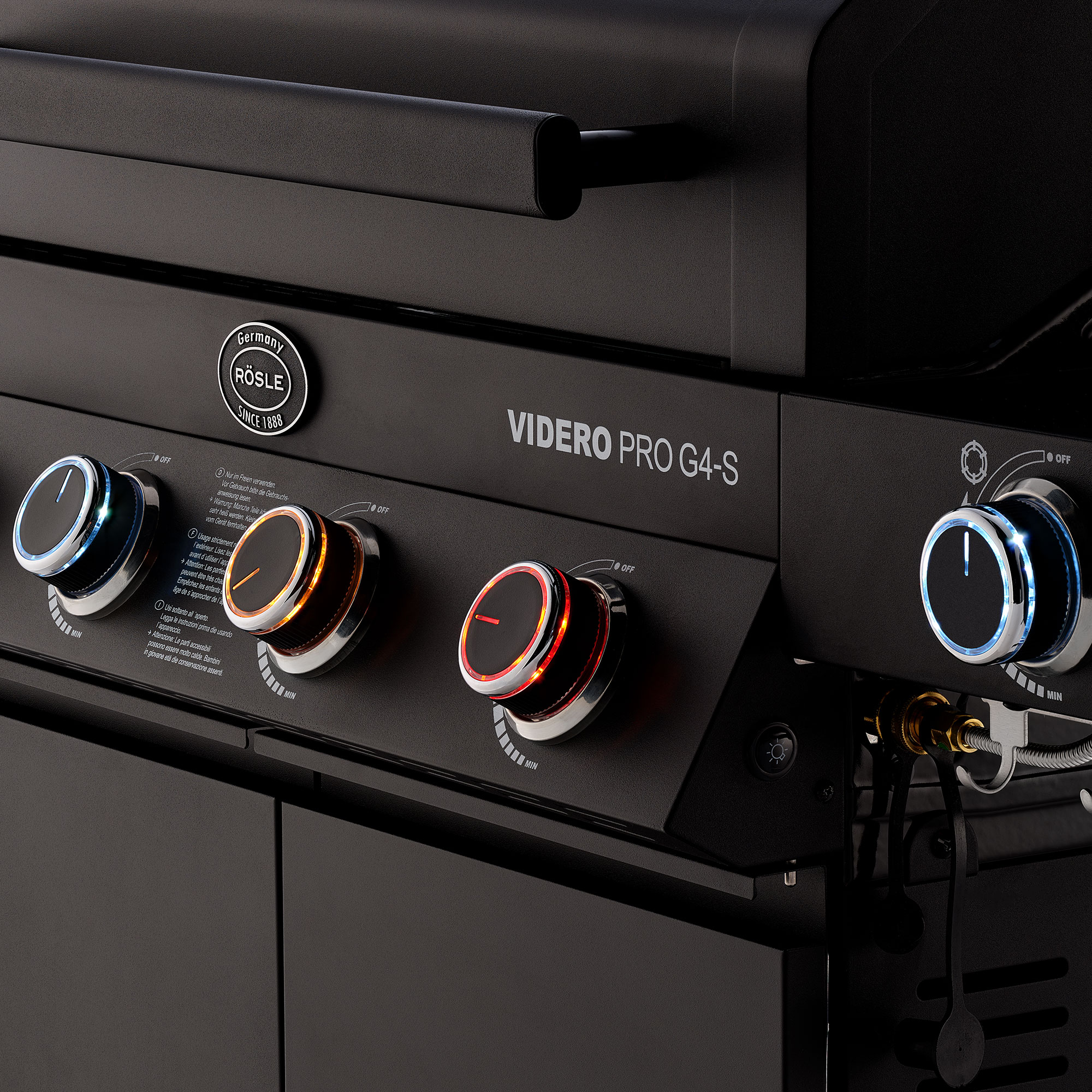 RÖSLE Gasgrill Videro PRO G4-S Gasgrill Videro PRO G4-S mit vier Bedienelementen in verschiedenen Farben und einem seitlichen...