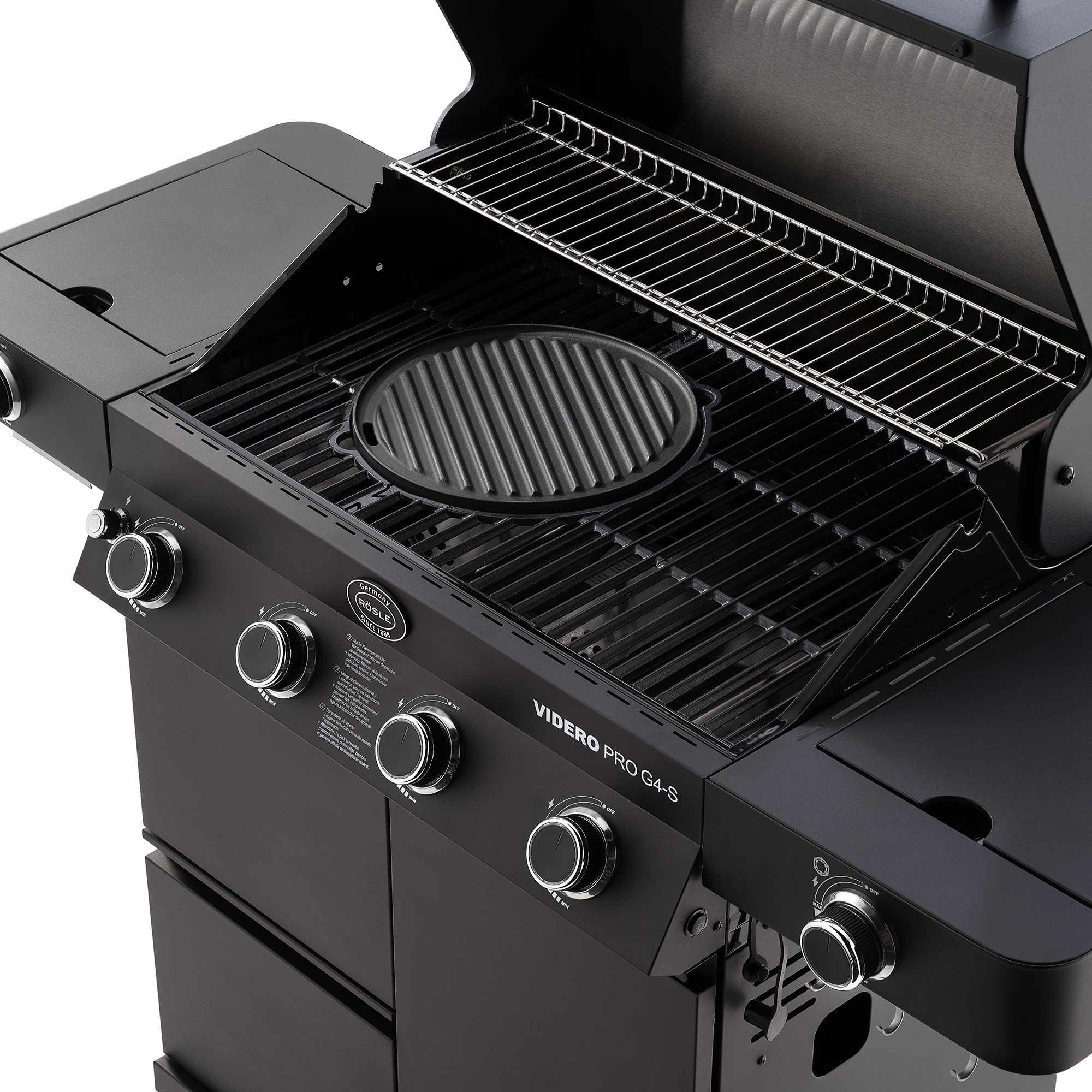 RÖSLE Gasgrill Videro G4-S PRO Gasgrill Videro G4-S PRO mit Grillrost und Grillplatte, schwarz, aus Edelstahl.