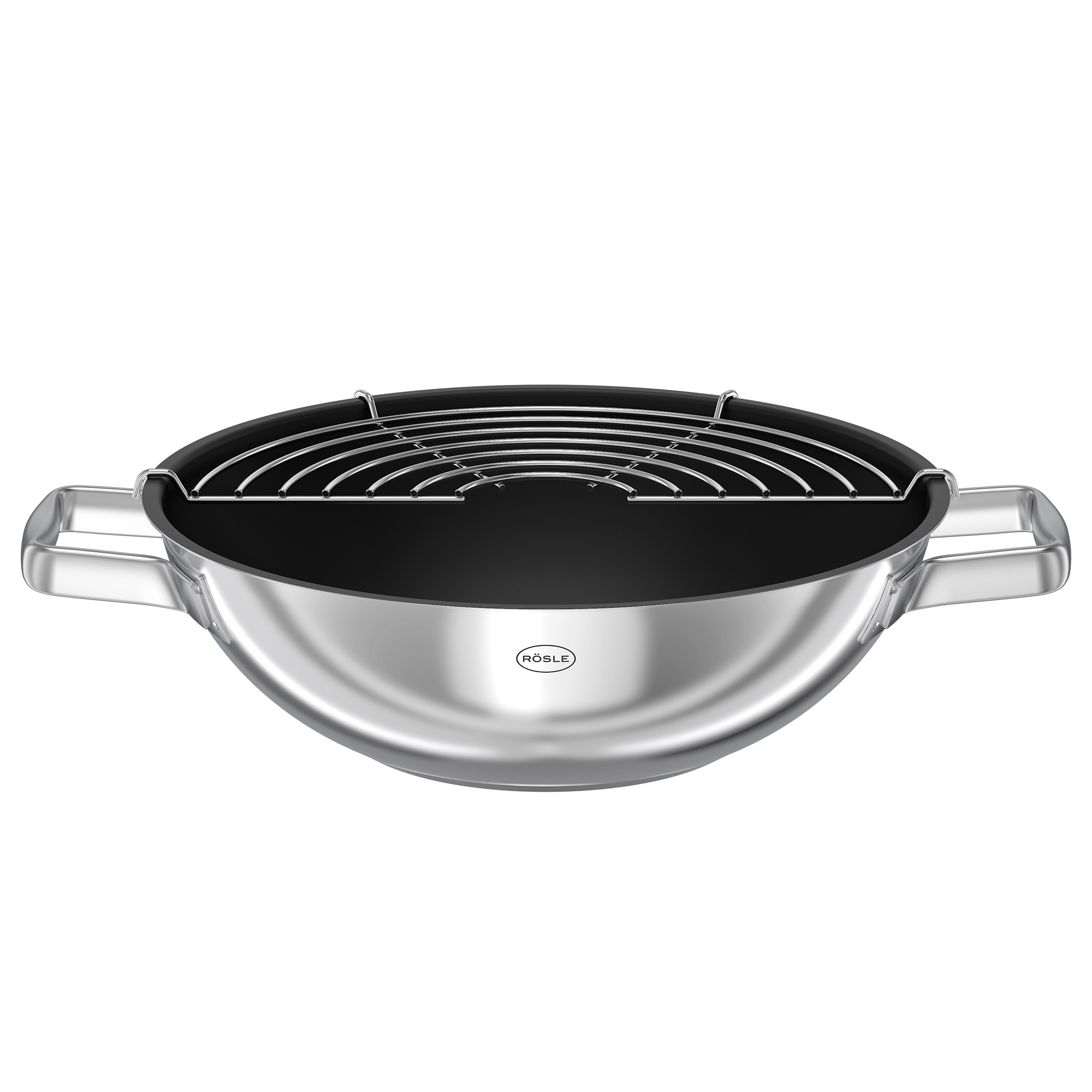 RÖSLE Wok 28 cm aus Edelstahl Wok, 28 cm, aus Edelstahl mit schwarzem Silikonboden und Grillrost.
