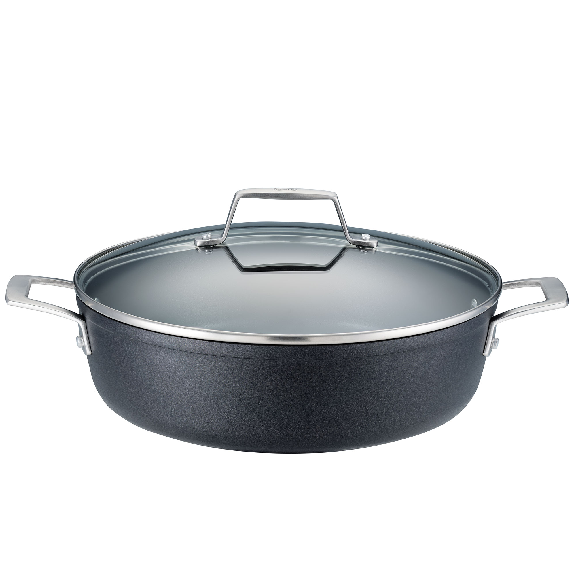 Serving pan, round, black, with glass lid and two handles, made of aluminium.