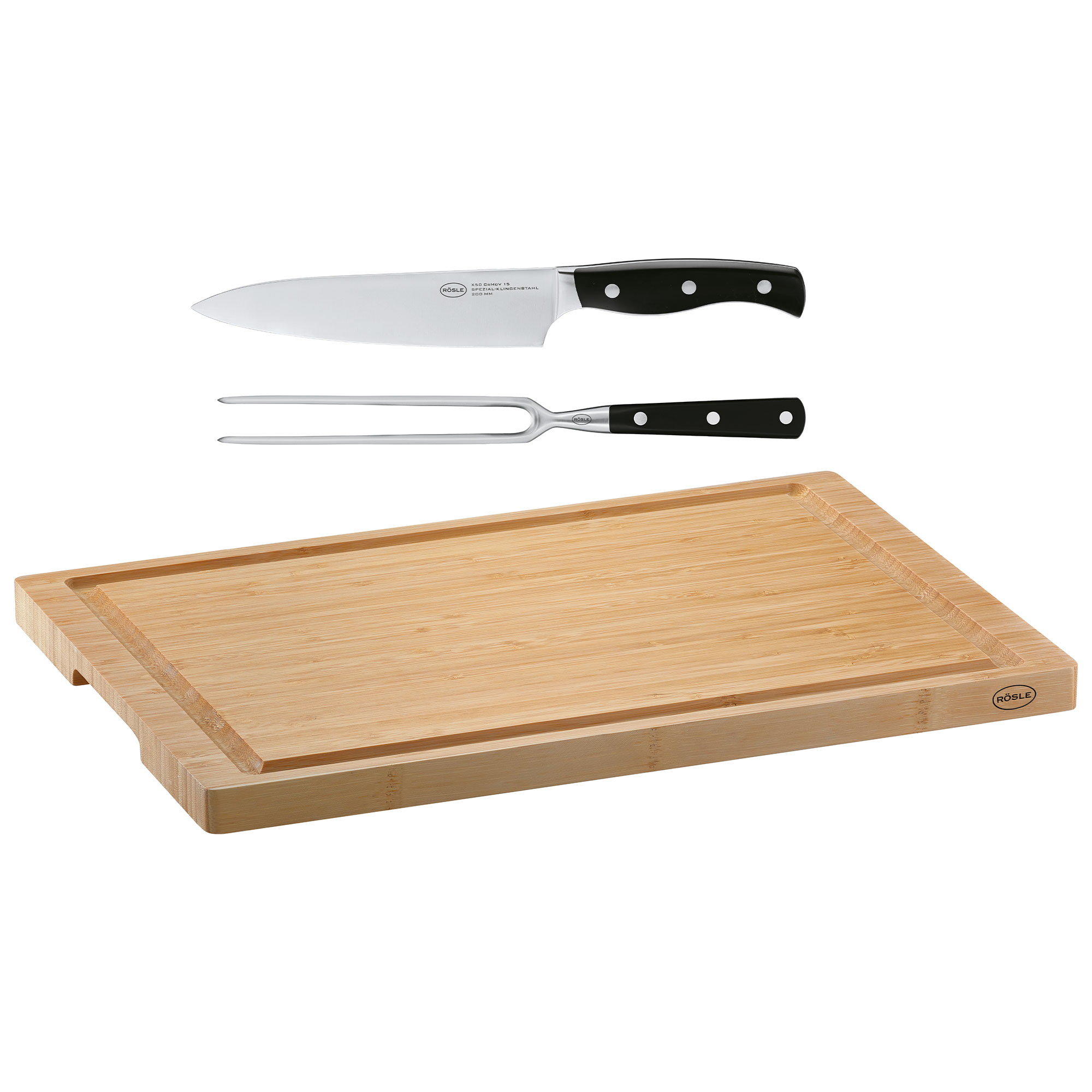 Tranchierset bestehend aus einem Holzschneidbrett und einem Messer mit schwarzem Griff.