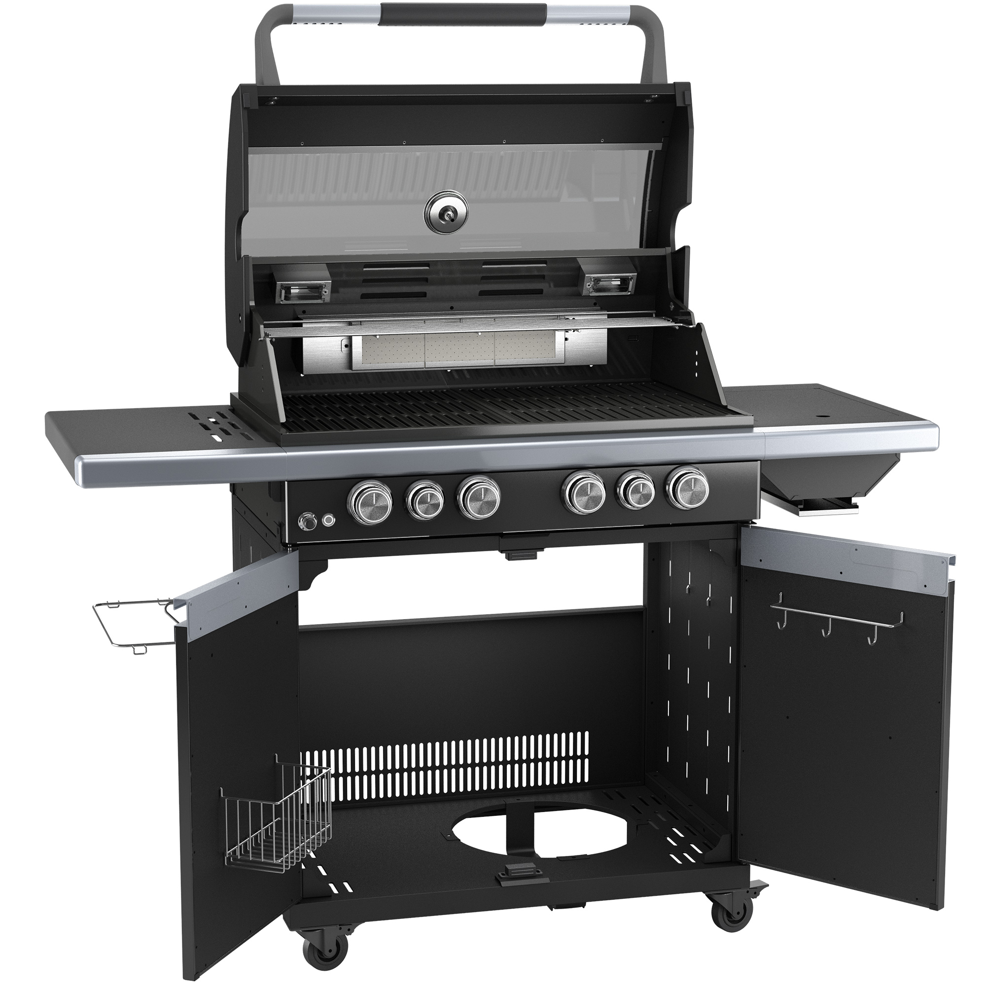 RÖSLE Gasgrill Magnum PRO G4 Gasgrill BBQ Station Magnum PRO G4 mit vier Brennern, klappbarem Deckel und seitlichen Ablageflächen.
