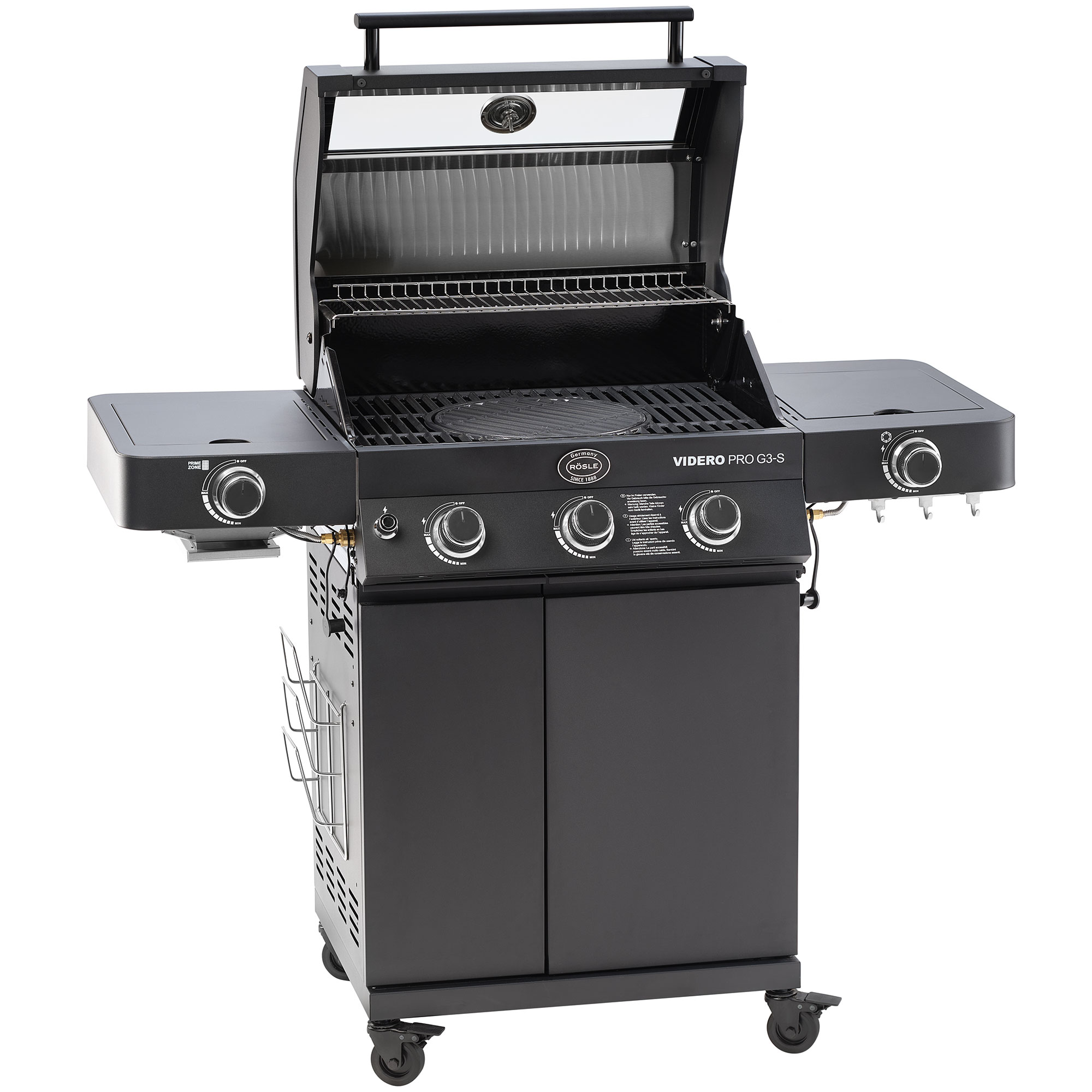 RÖSLE Gasgrill Videro G3-S PRO Gasgrill Videro G3-S PRO in Schwarz mit geöffnetem Deckel, Grillfläche und seitlichen Ablagen.