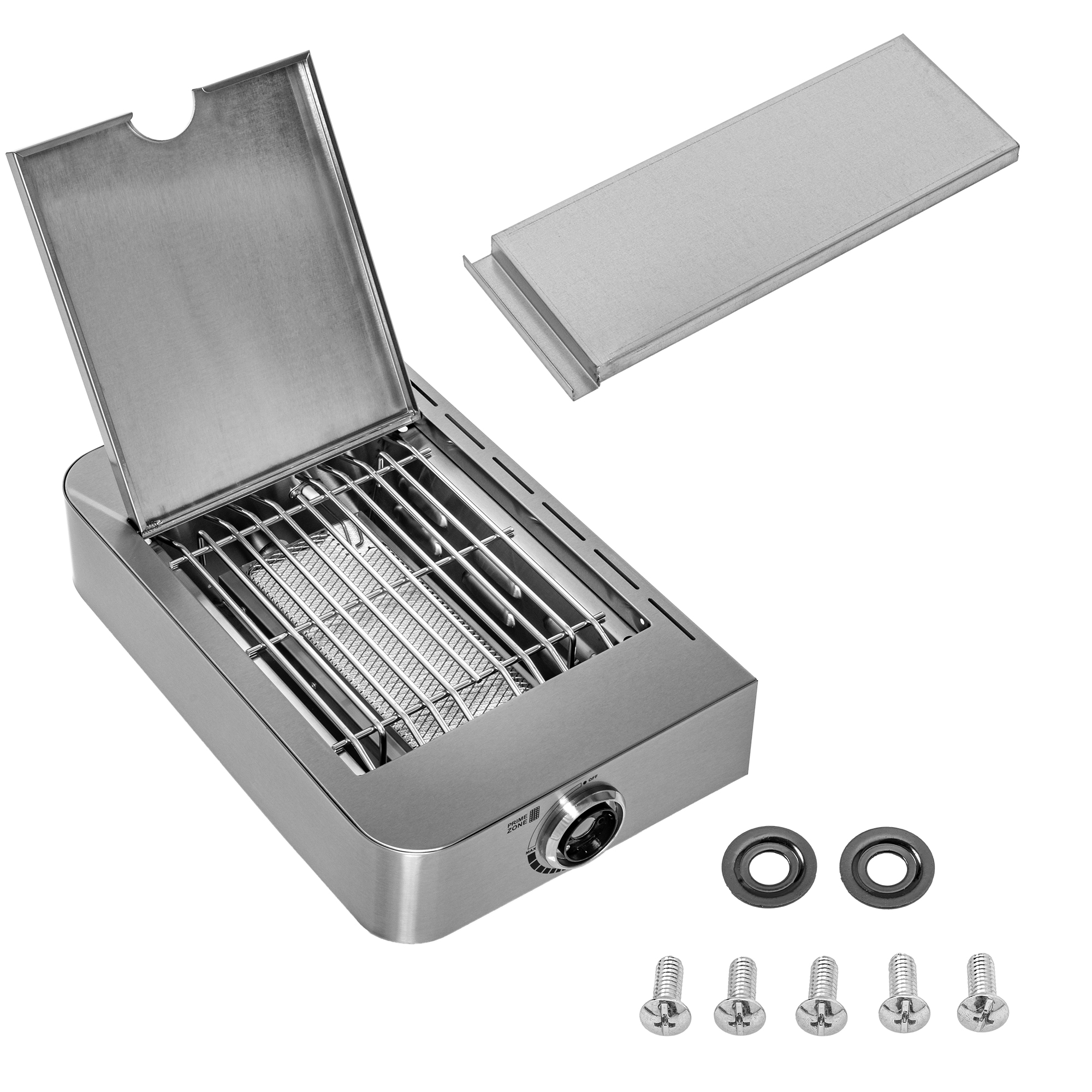 Ablagetisch, Edelstahl, mit Grillrost und Zubehörteilen, inklusive Schrauben und Dichtungen.