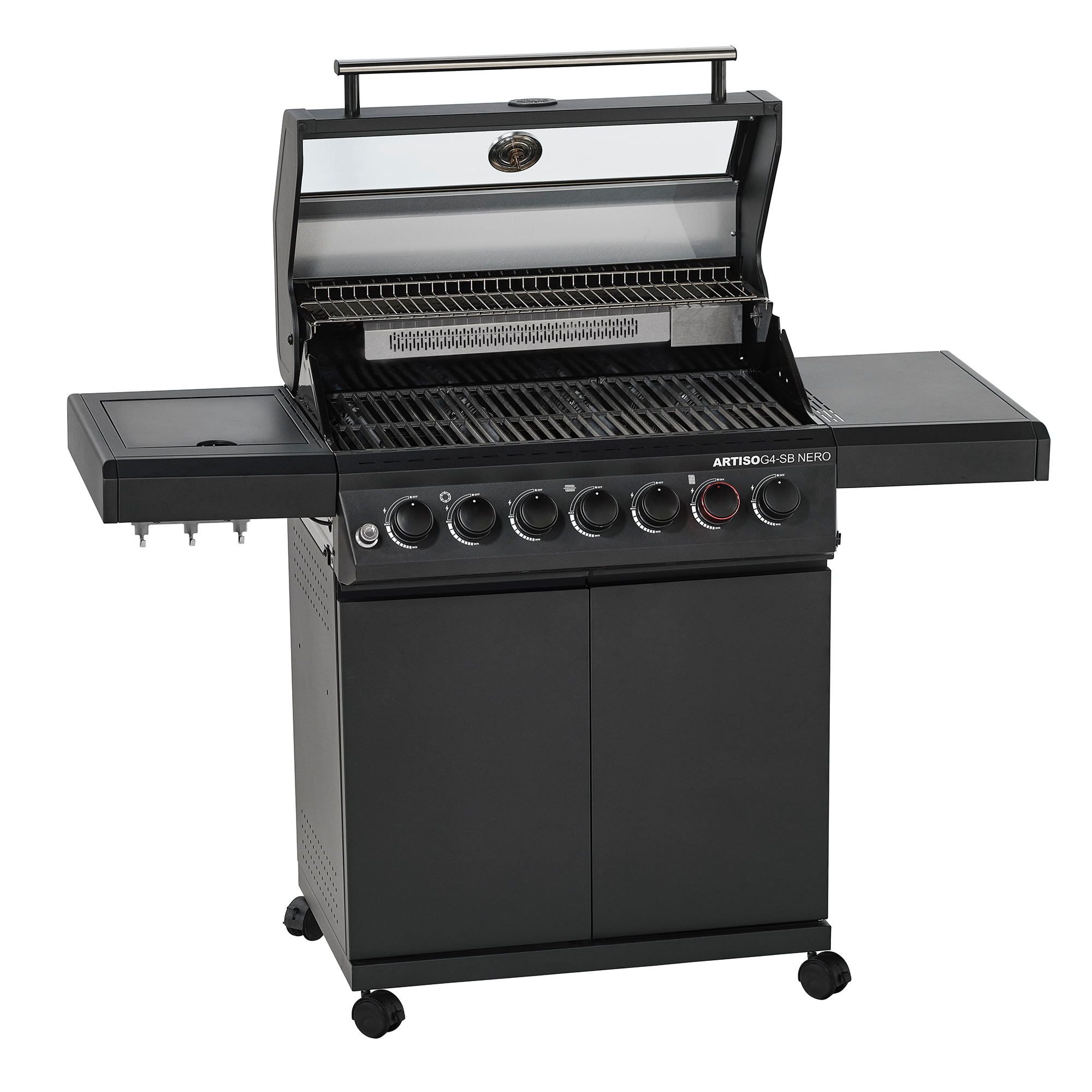 RÖSLE Artiso G4-SB Nero Gasgrill Artiso G4-SB Nero Gasgrill mit offener Haube, sechs Brennern und zwei Seitentischen.