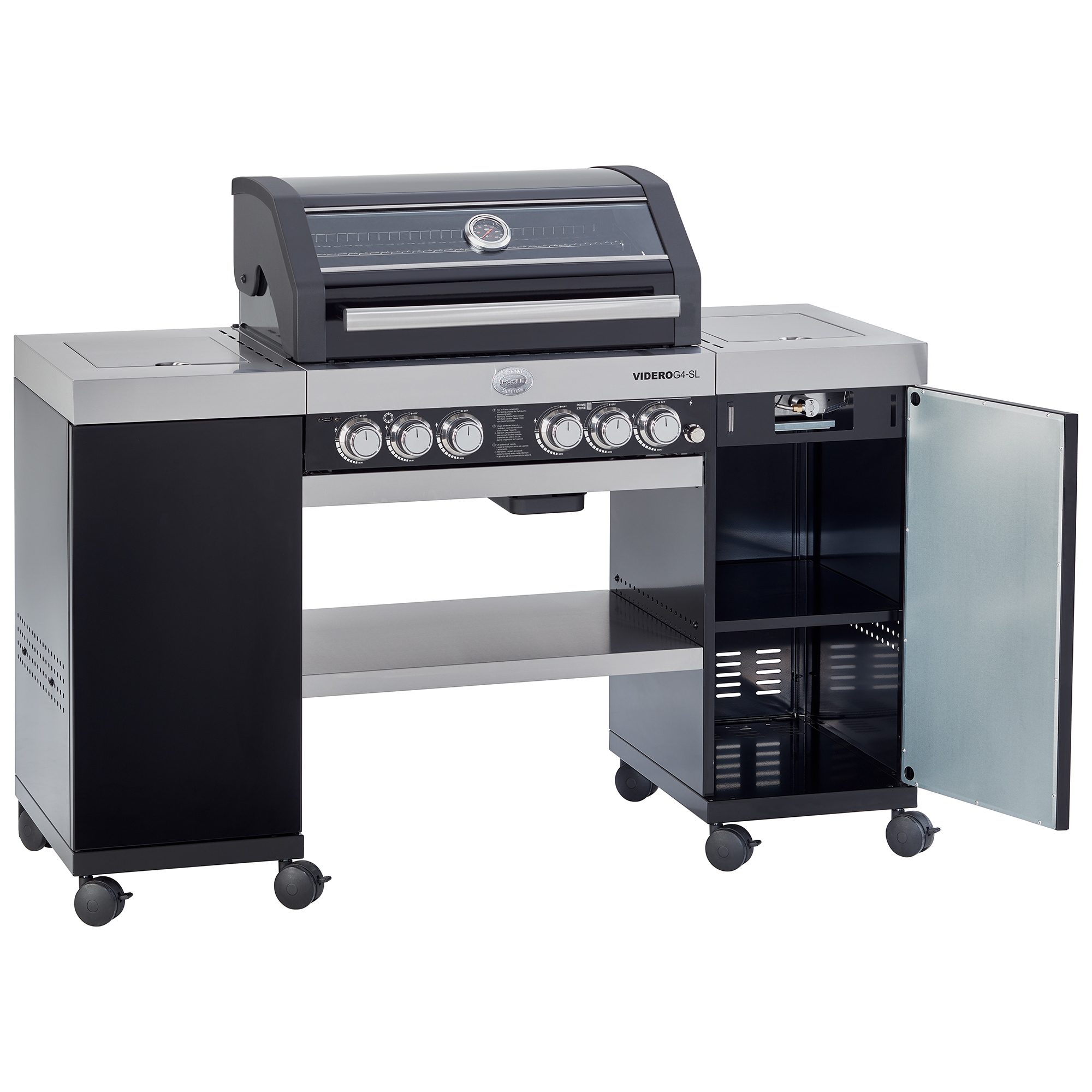 RÖSLE Gasgrill Videro G4-SL Vario Gasgrill Videro G4-SL Vario in Schwarz mit vier Reglern und einem offenen Schrank.